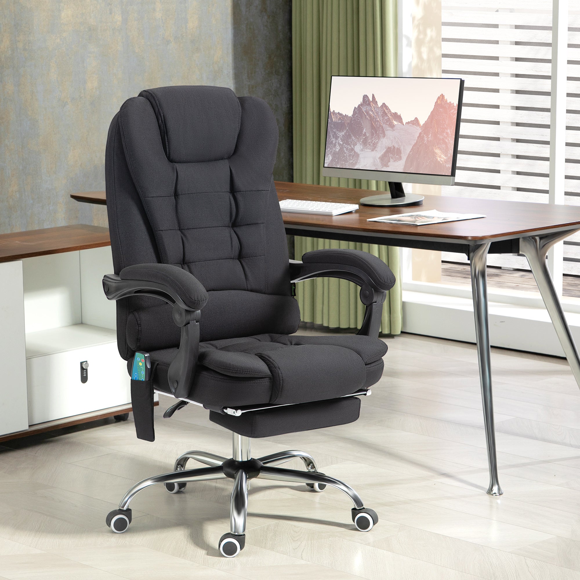 Fauteuil de bureau massant et chauffant, chaise de bureau, chaise ergonomique avec hauteur réglable, dossier inclinable et télécommande filaire, pivotant à 360°, en toile de lin, noir