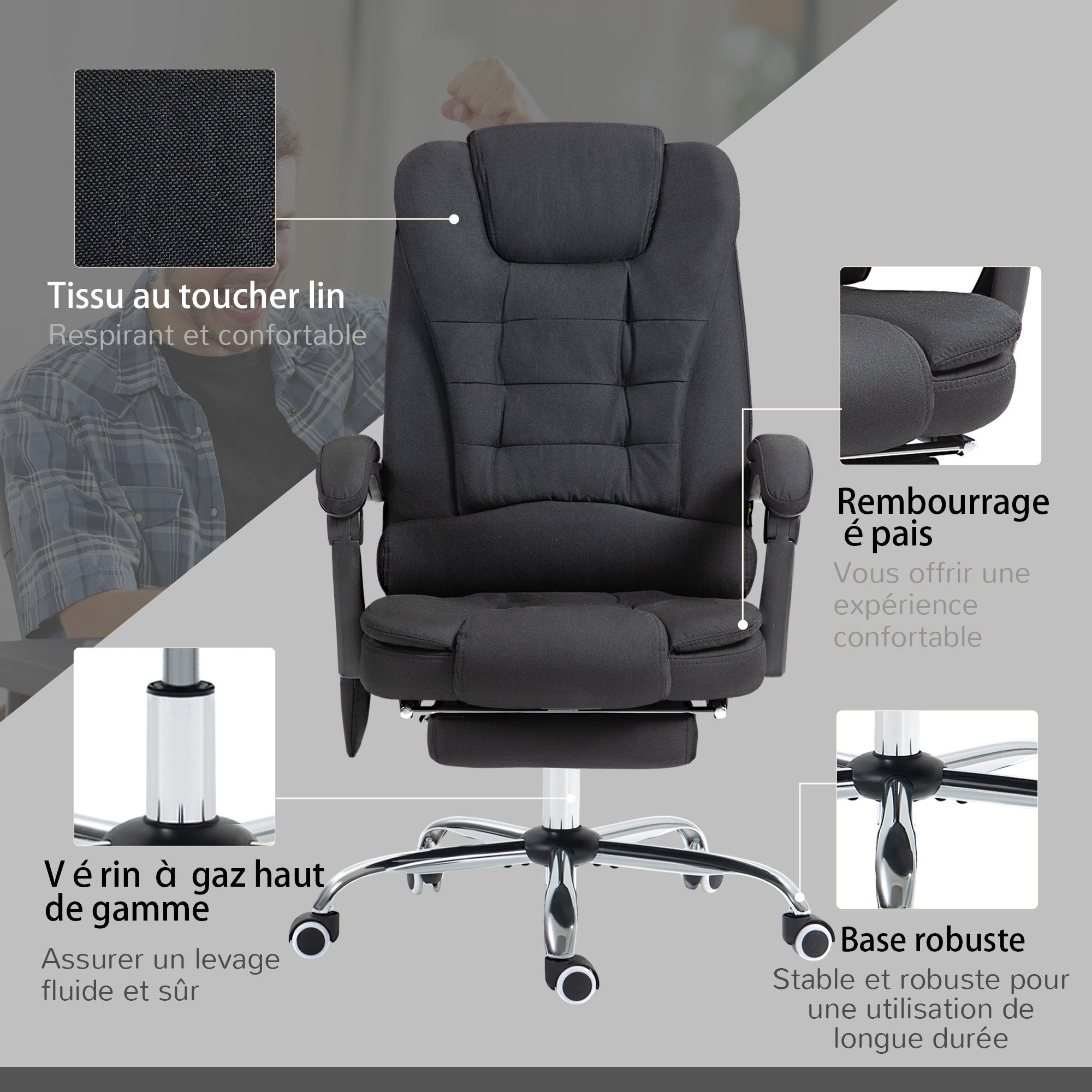 Fauteuil de bureau massant et chauffant, chaise de bureau, chaise ergonomique avec hauteur réglable, dossier inclinable et télécommande filaire, pivotant à 360°, en toile de lin, noir