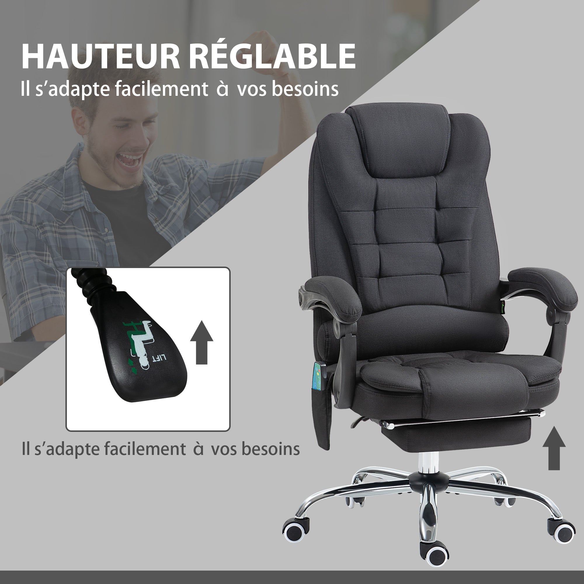 Fauteuil de bureau massant et chauffant, chaise de bureau, chaise ergonomique avec hauteur réglable, dossier inclinable et télécommande filaire, pivotant à 360°, en toile de lin, noir