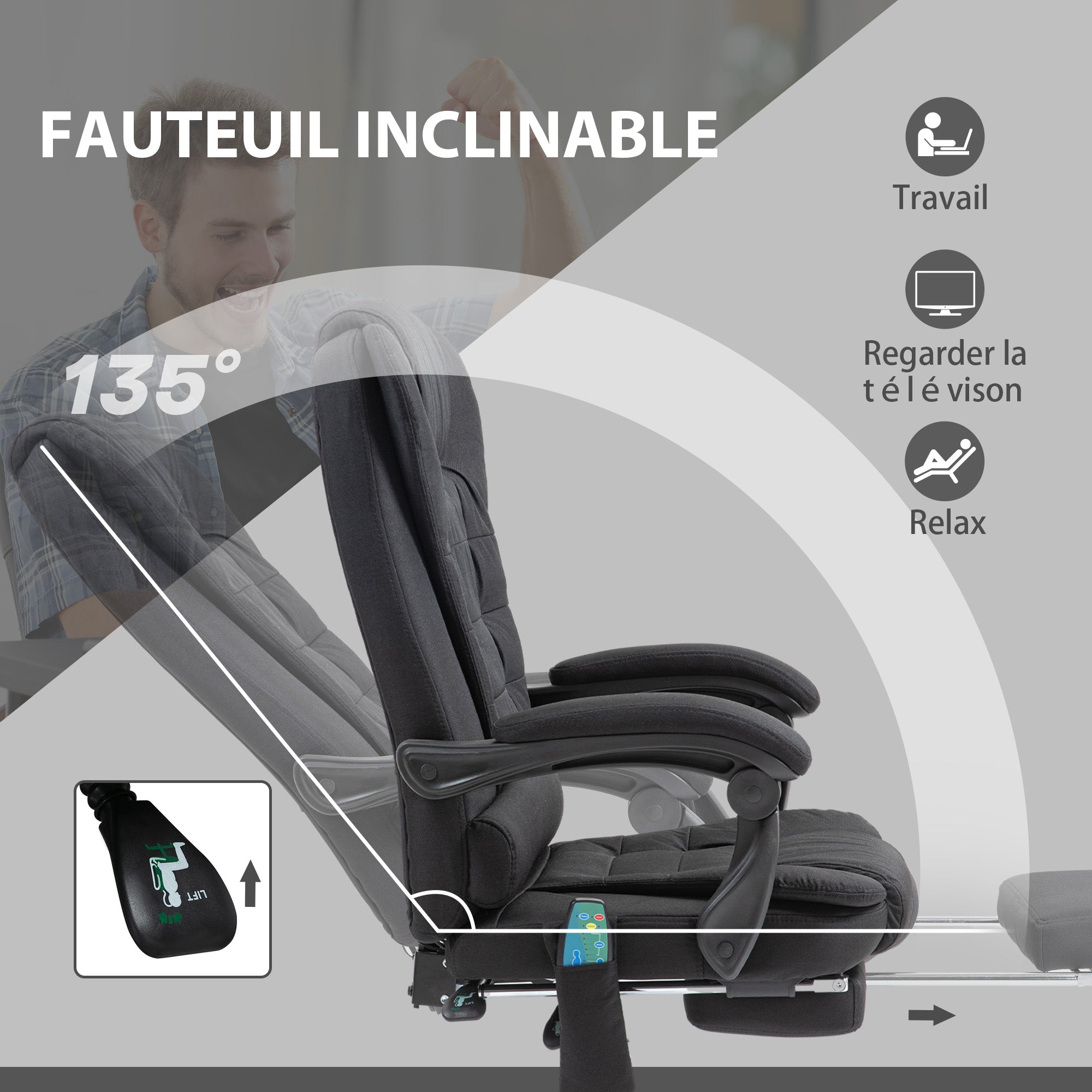 Fauteuil de bureau massant et chauffant, chaise de bureau, chaise ergonomique avec hauteur réglable, dossier inclinable et télécommande filaire, pivotant à 360°, en toile de lin, noir