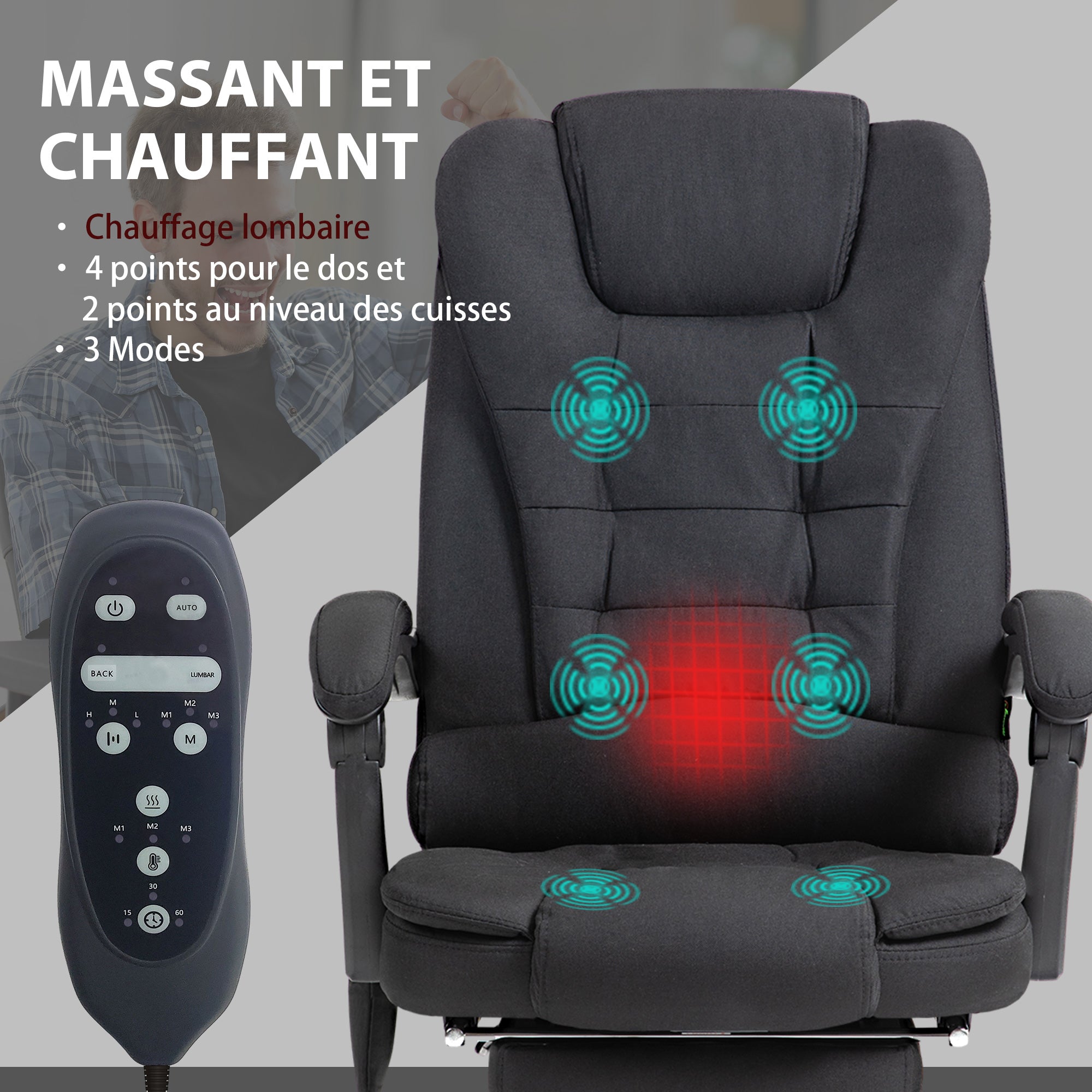 Fauteuil de bureau massant et chauffant, chaise de bureau, chaise ergonomique avec hauteur réglable, dossier inclinable et télécommande filaire, pivotant à 360°, en toile de lin, noir