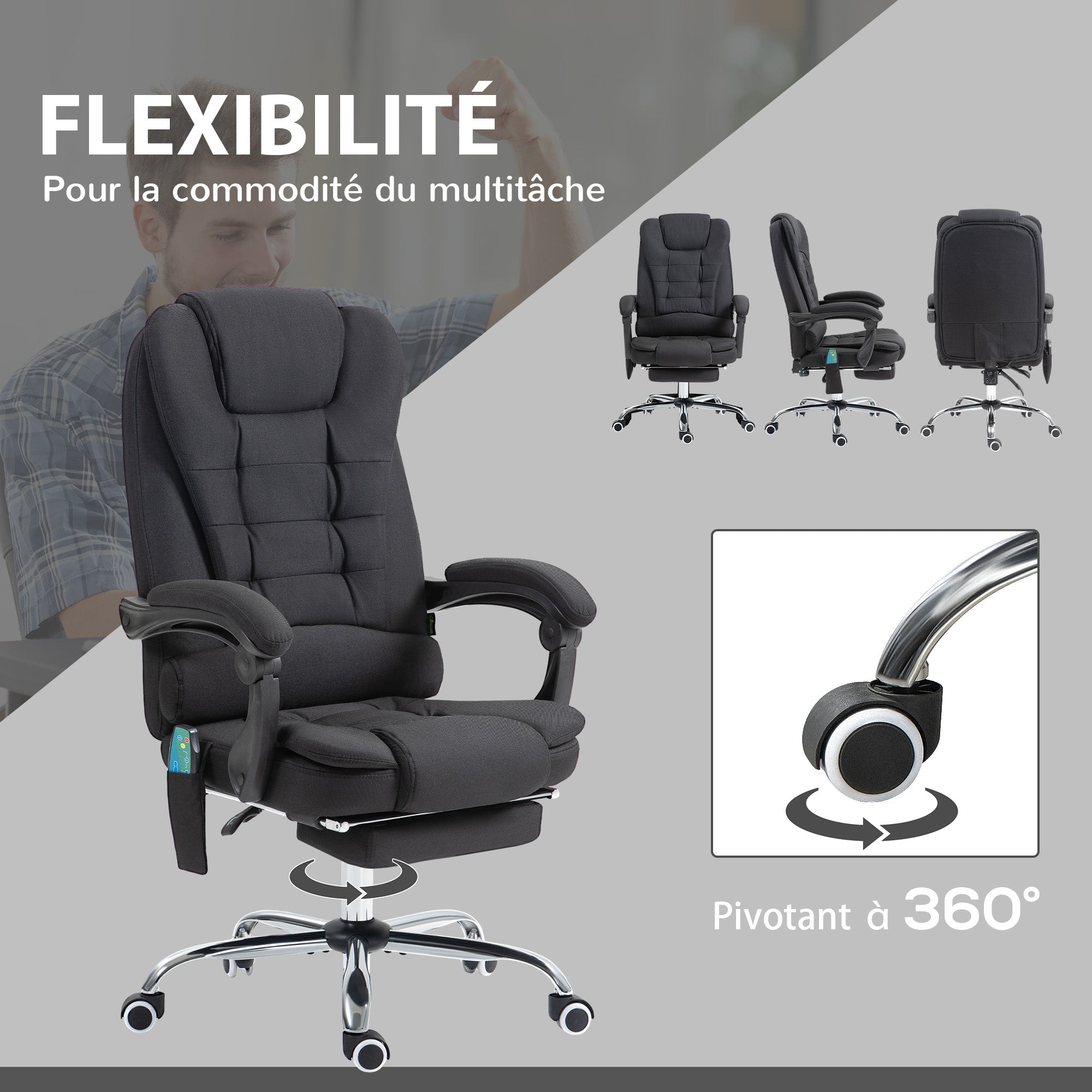 Fauteuil de bureau massant et chauffant, chaise de bureau, chaise ergonomique avec hauteur réglable, dossier inclinable et télécommande filaire, pivotant à 360°, en toile de lin, noir