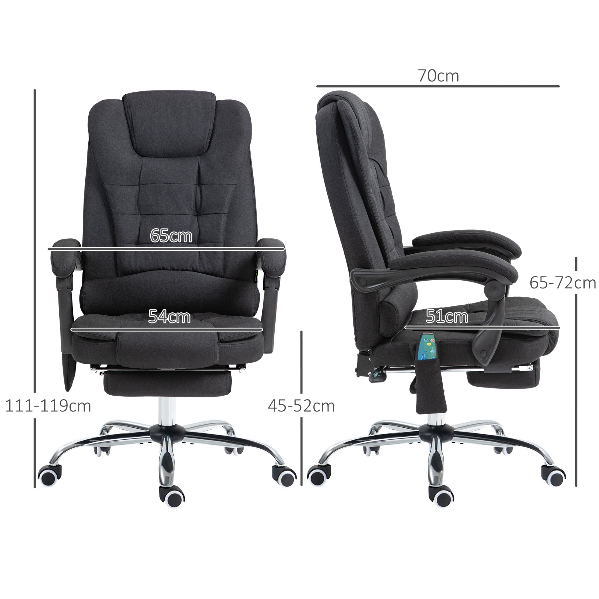 Fauteuil de bureau massant et chauffant, chaise de bureau, chaise ergonomique avec hauteur réglable, dossier inclinable et télécommande filaire, pivotant à 360°, en toile de lin, noir