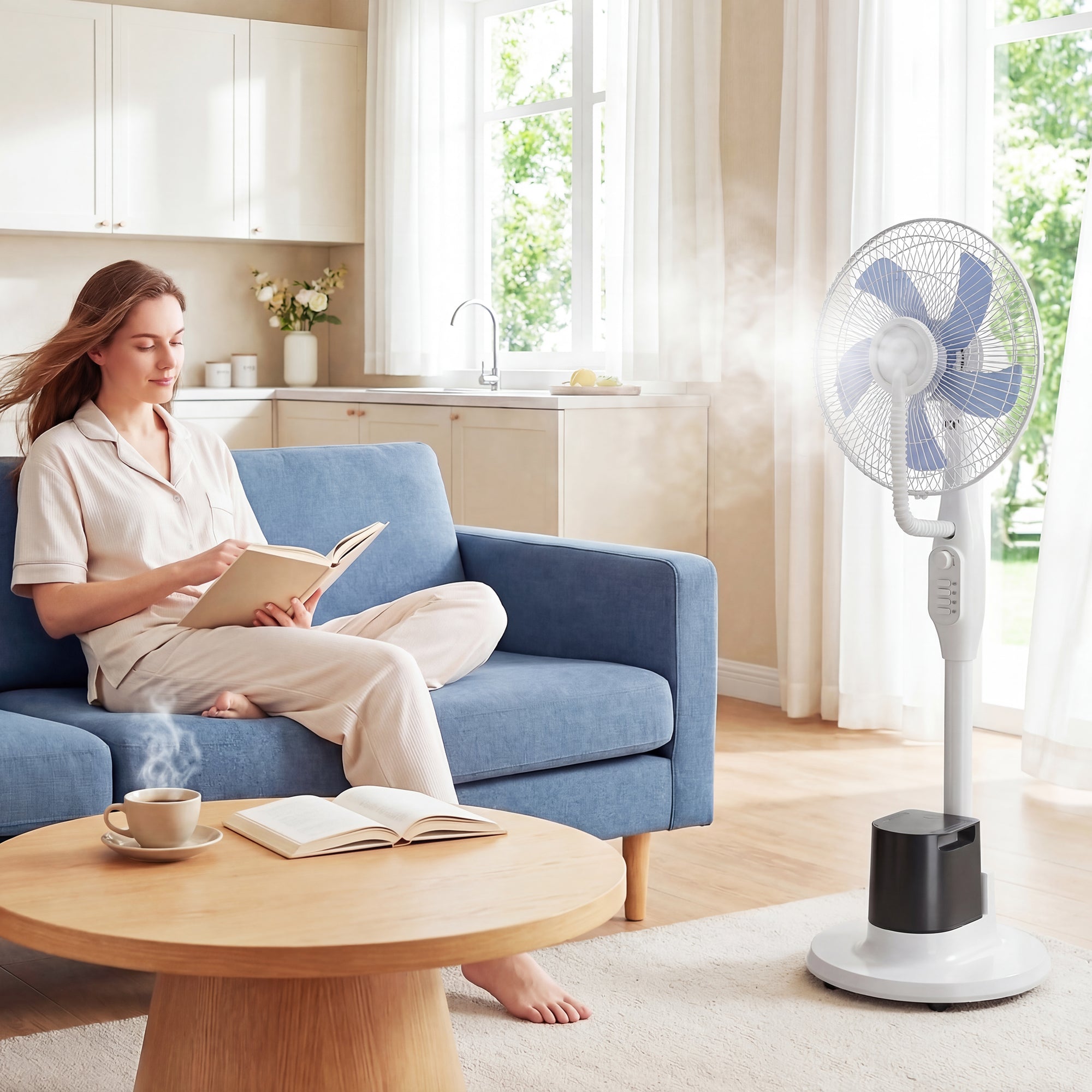 Ventilateur brumisateur 90W, ventilateur sur pied 128cm avec oscillation à 70°, 3 vitesses, réservoir d'eau 3,5 L, 5 roues, pour maison, bureau, blanc