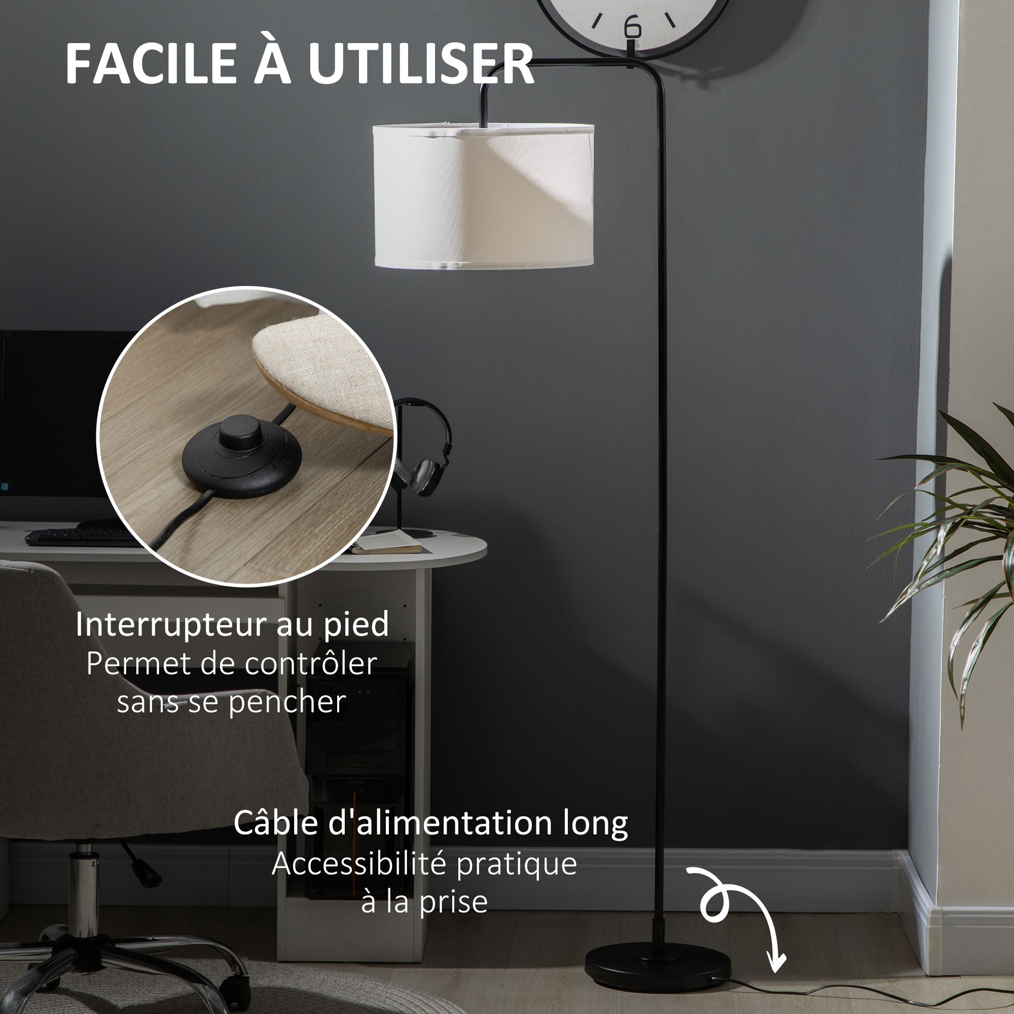 Lampadaire sur pied salon, lampe salon avec abat-jour en tissu effet lin, interrupteur à pied, lampe de lecture en métal, pour salon, chambre, bureau, noir et blanc