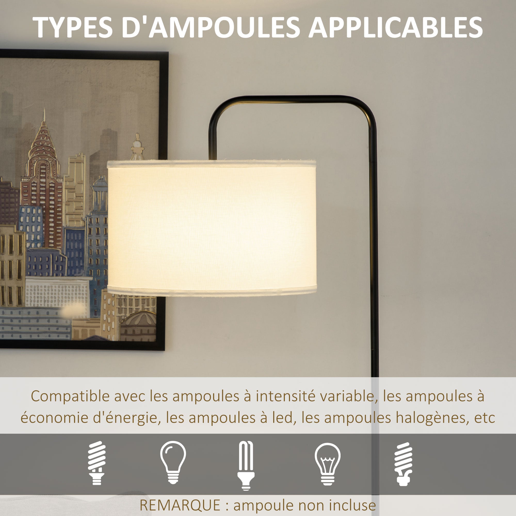 Lampadaire sur pied salon, lampe salon avec abat-jour en tissu effet lin, interrupteur à pied, lampe de lecture en métal, pour salon, chambre, bureau, noir et blanc