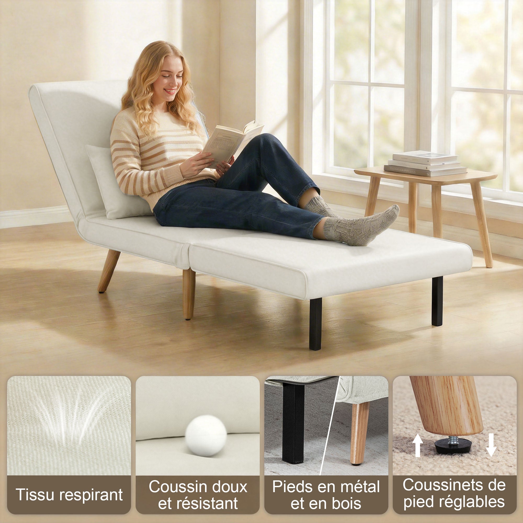 3 en 1 fauteuil convertible 1 place, fauteuil lit et chauffeuse - dossier inclinable 5 niveaux et oreiller inclus, siège rembourré - pour bureau, salon, chambre à coucher, crème