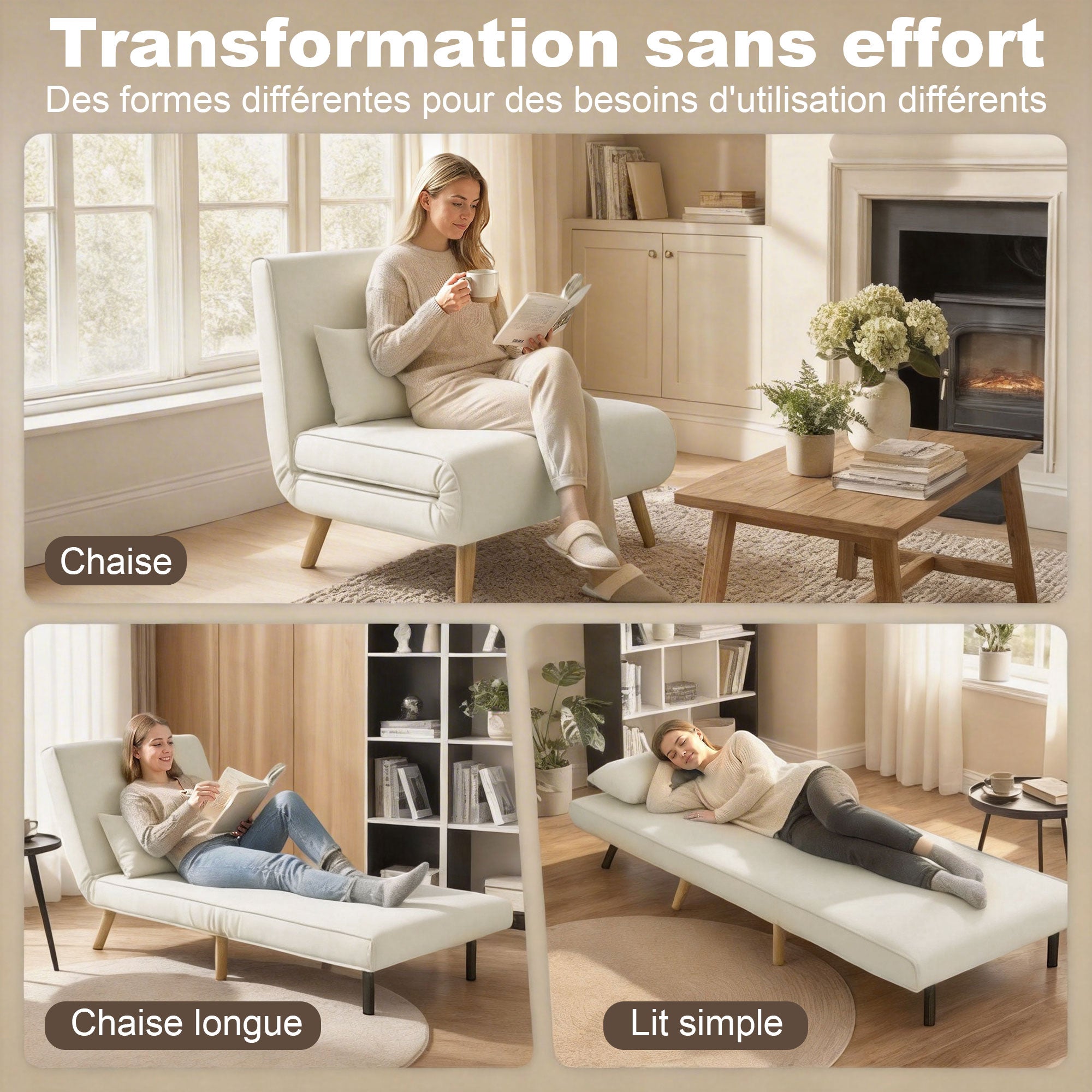 3 en 1 fauteuil convertible 1 place, fauteuil lit et chauffeuse - dossier inclinable 5 niveaux et oreiller inclus, siège rembourré - pour bureau, salon, chambre à coucher, crème