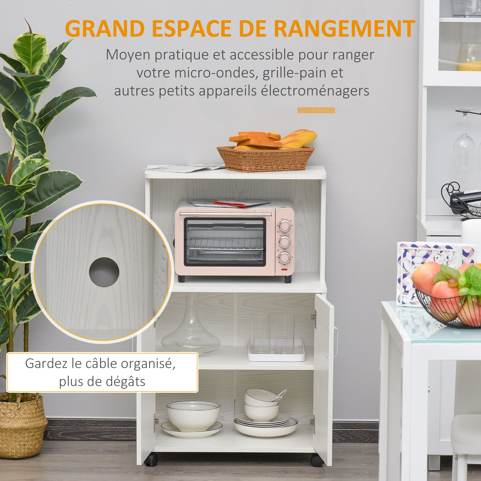 Chariot desserte micro-ondes placard 2 portes - dim. 60,4L x 40,3l x 97H cm - blanc
