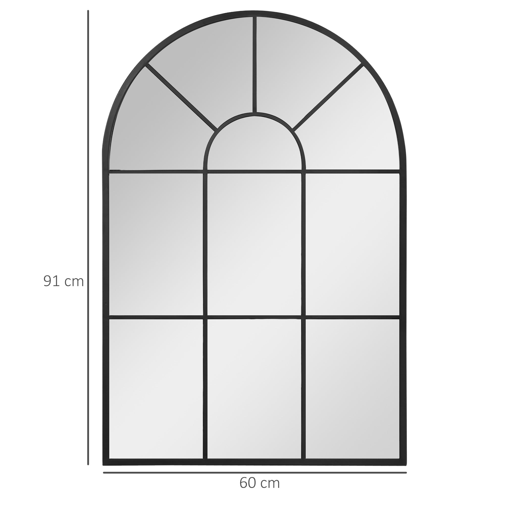 Miroir mural arqué 91 x 60 cm, miroir verrière arche style industriel, miroir de fenêtre arqué avec cadre métallique, pour salon, chambre, couloir, noir