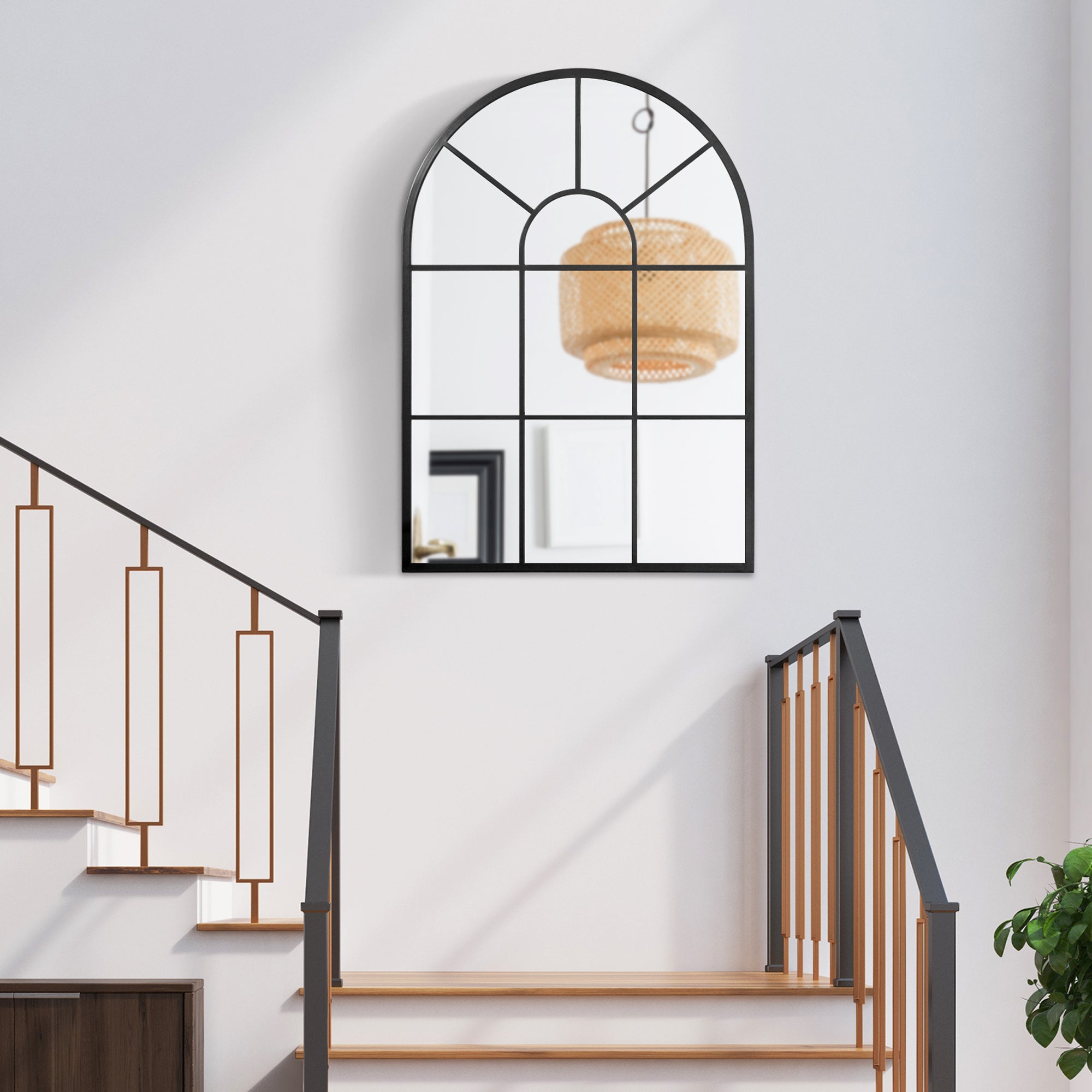 Miroir mural arqué 91 x 60 cm, miroir verrière arche style industriel, miroir de fenêtre arqué avec cadre métallique, pour salon, chambre, couloir, noir