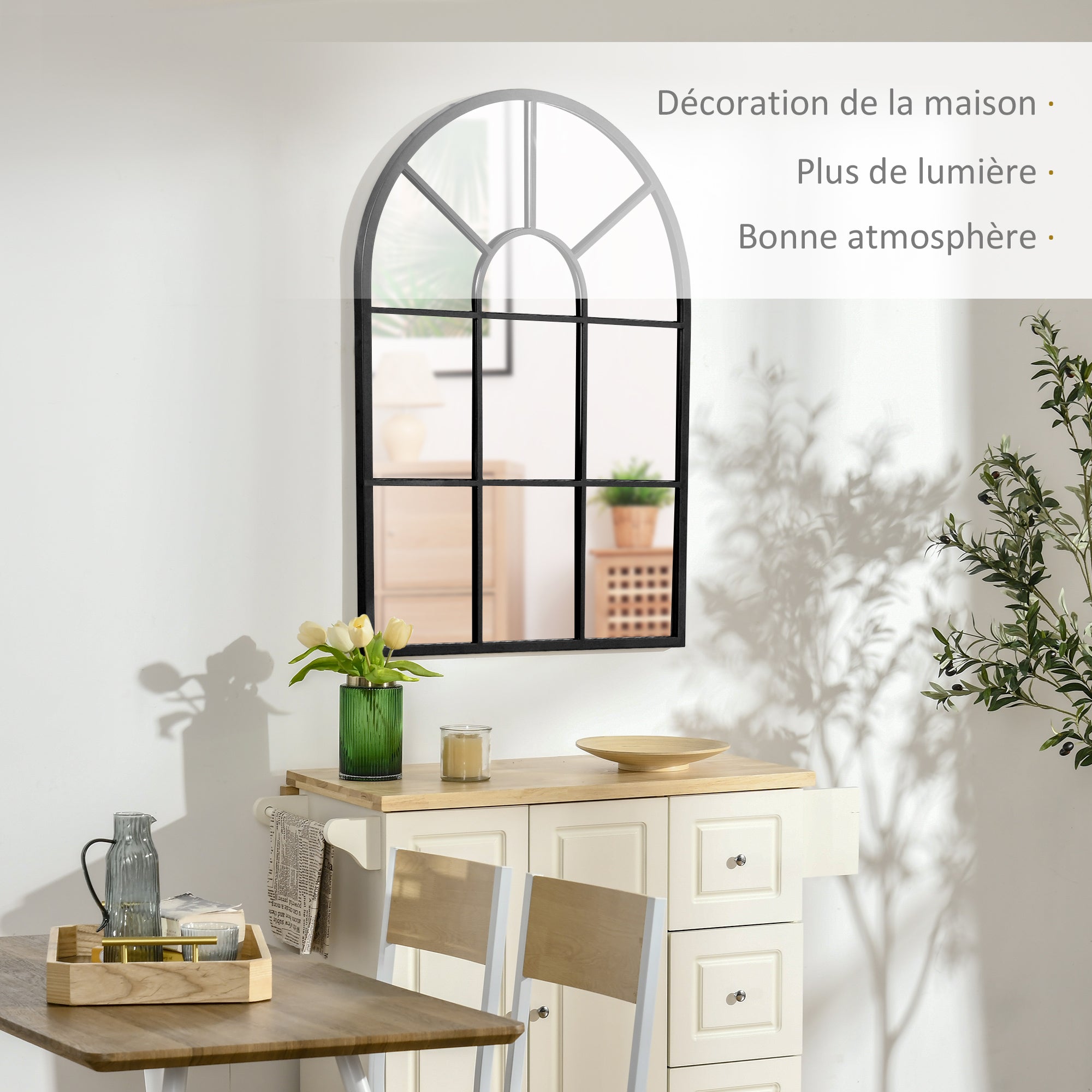 Miroir mural arqué 91 x 60 cm, miroir verrière arche style industriel, miroir de fenêtre arqué avec cadre métallique, pour salon, chambre, couloir, noir