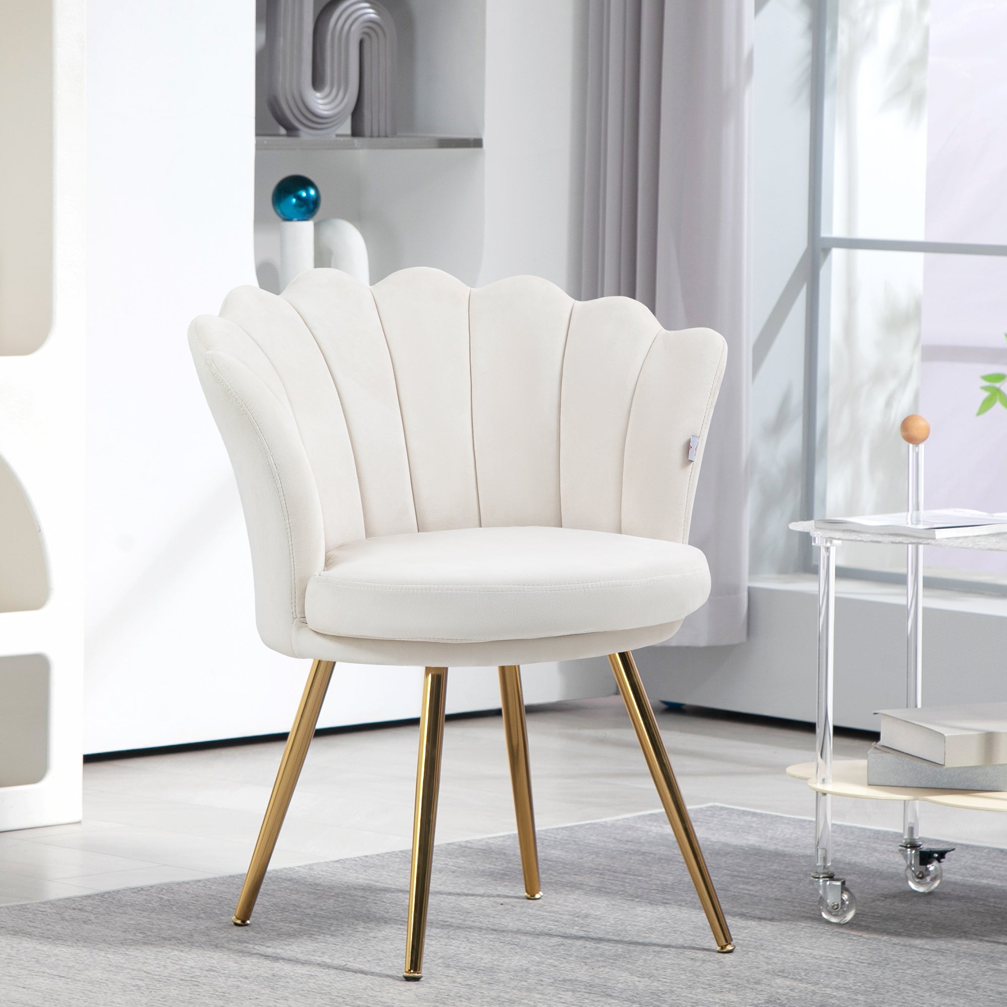 Fauteuil coquillage chaise coiffeuse fauteuil en velours fauteuil de salon avec pieds en métal doré pour salon chambre et salle à manger 67l x 64P x 77H cm crème