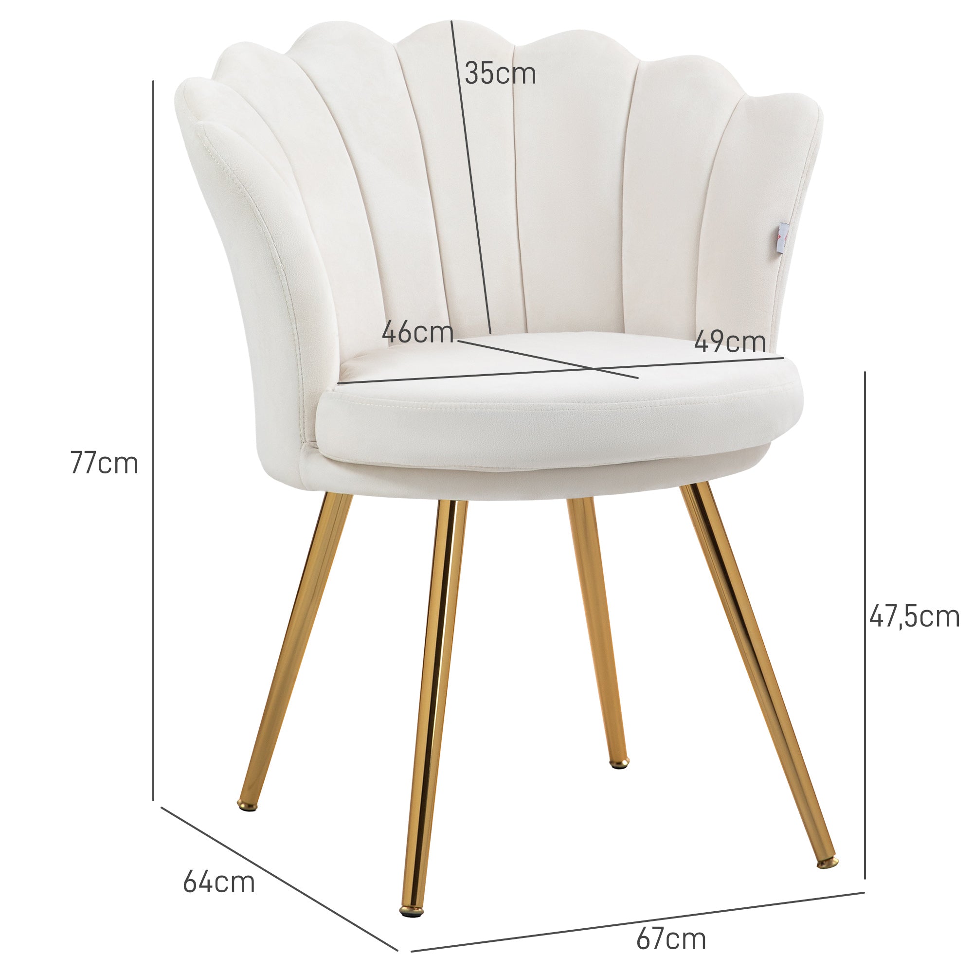 Fauteuil coquillage chaise coiffeuse fauteuil en velours fauteuil de salon avec pieds en métal doré pour salon chambre et salle à manger 67l x 64P x 77H cm crème