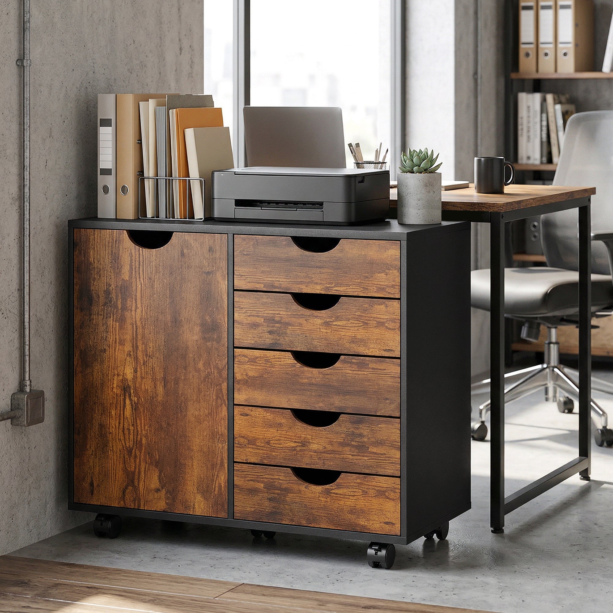 Caisson de bureau mobile avec 5 tiroirs et 1 porte, étagère réglable, meuble rangement bureau, caisson de rangement sur roulettes, pour documents et papeterie, 78 x 40 x 66,5 cm, brun rustique