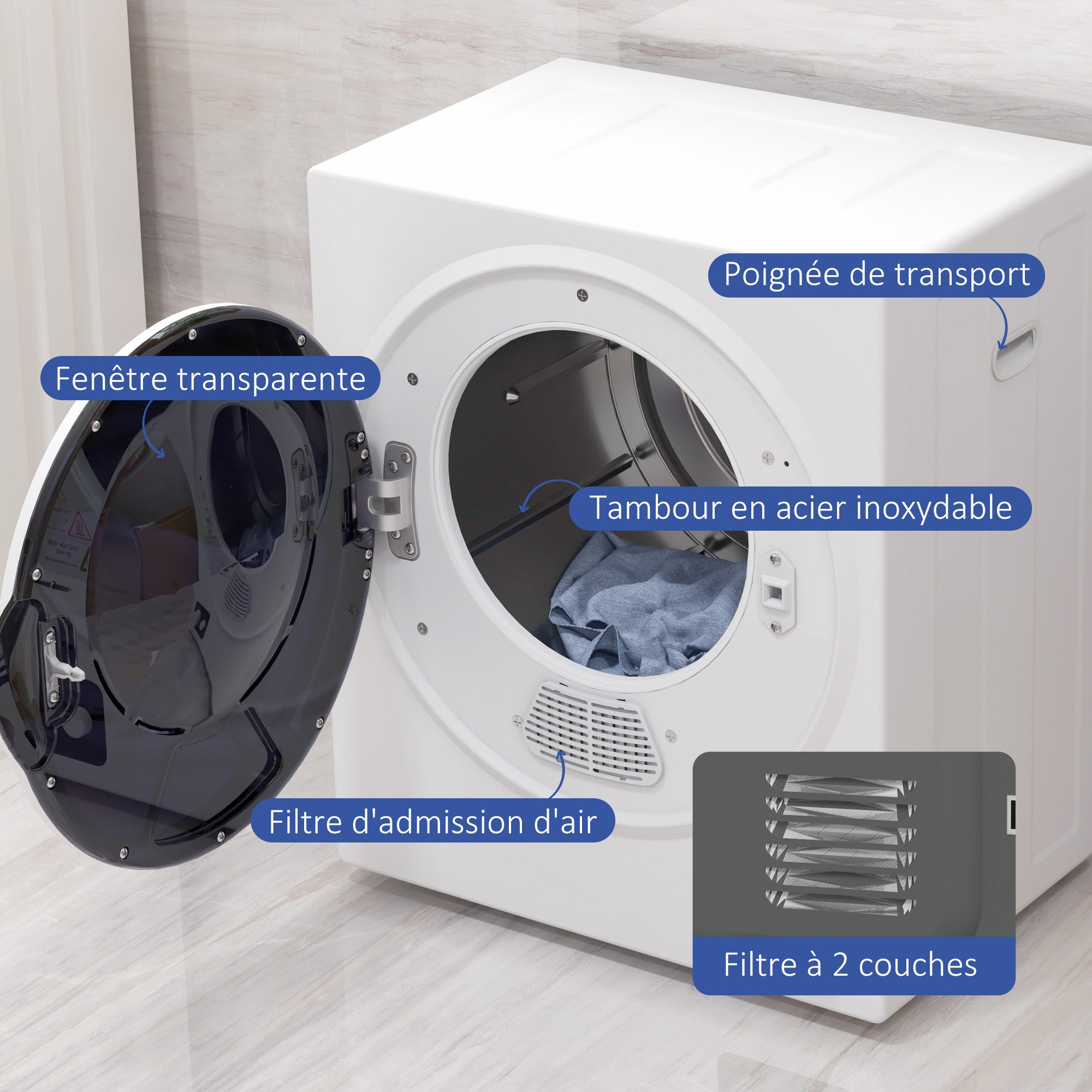 Sèche-linge à évacuation portable, sèche-linge électrique 850 W, 4 Kg, 4 modes de séchage, 2 niveaux de chauffage, cuve en acier inoxydable, installation murale, pour appartement dortoir, blanc
