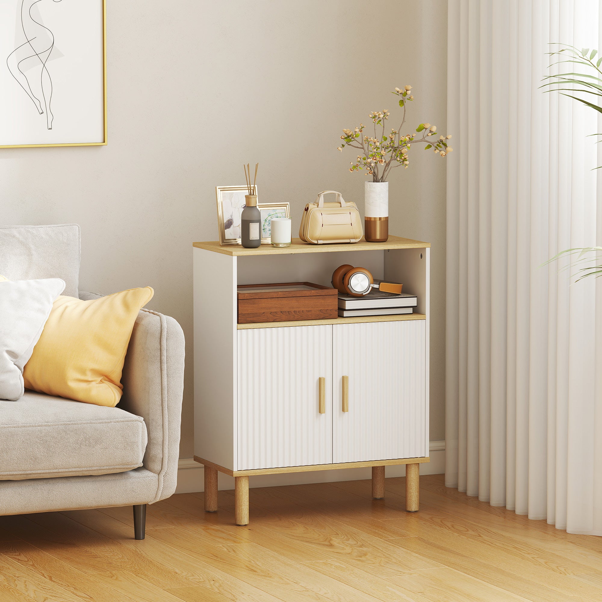 Meuble de salle de bain, meuble de rangement avec 2 portes, compartiment ouvert et étagère réglable, armoire salle de bain, salon, chambre, 60 x 29,5 x 76,5 cm, blanc et bois naturel