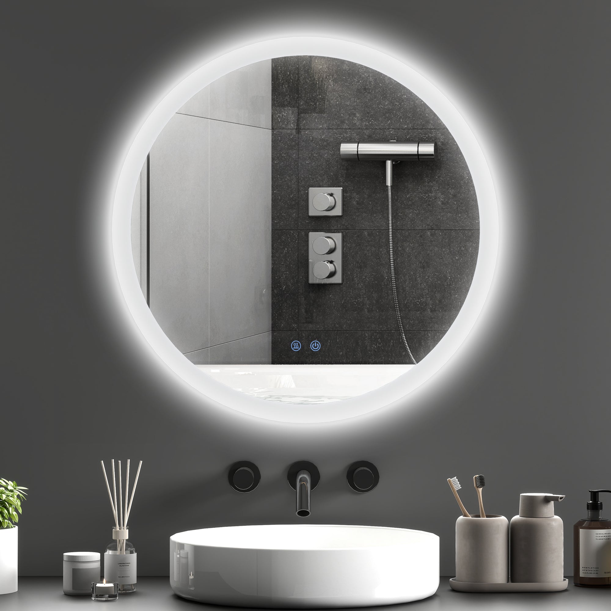 Miroir rond salle de bain avec éclairage LED Ø 60 cm, miroir mural 29W avec anti-buée, 3 couleurs réglables, dimmable, interrupteur tactile, fonction mémoire, blanc et argent