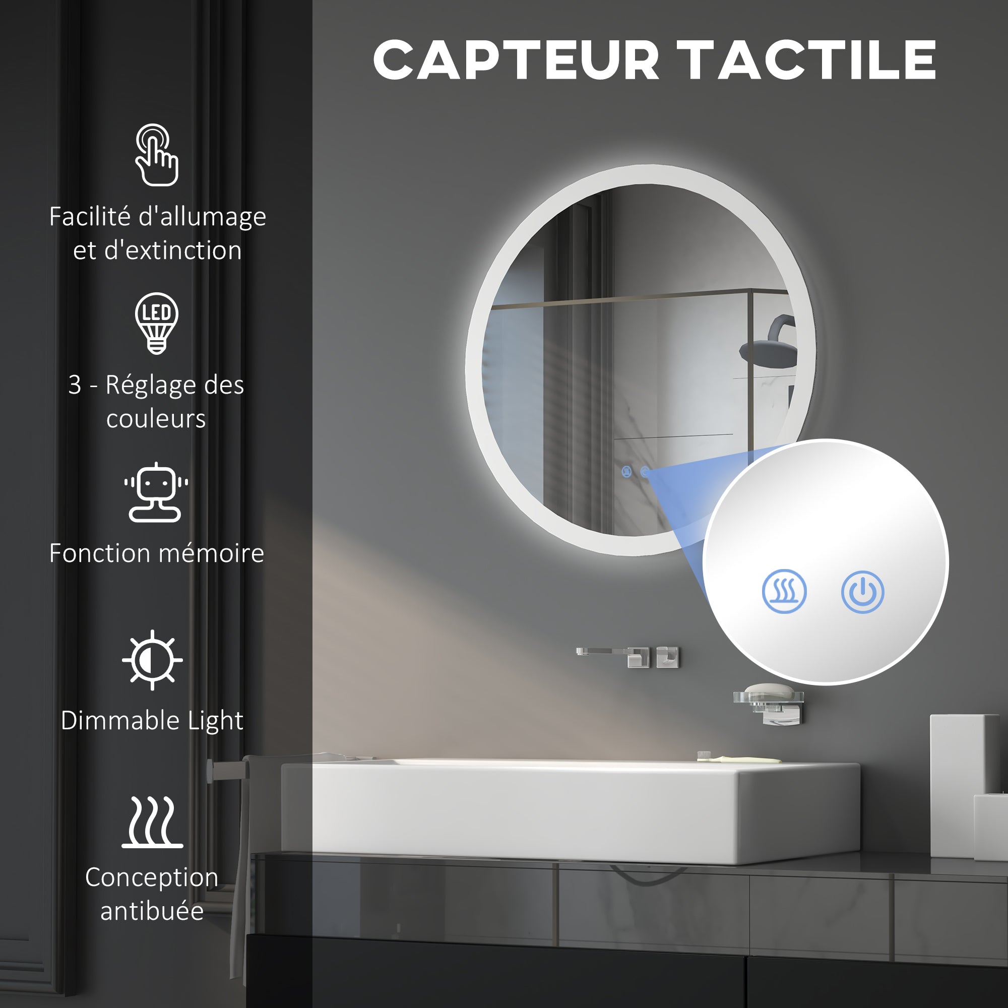 Miroir rond salle de bain avec éclairage LED Ø 60 cm, miroir mural 29W avec anti-buée, 3 couleurs réglables, dimmable, interrupteur tactile, fonction mémoire, blanc et argent