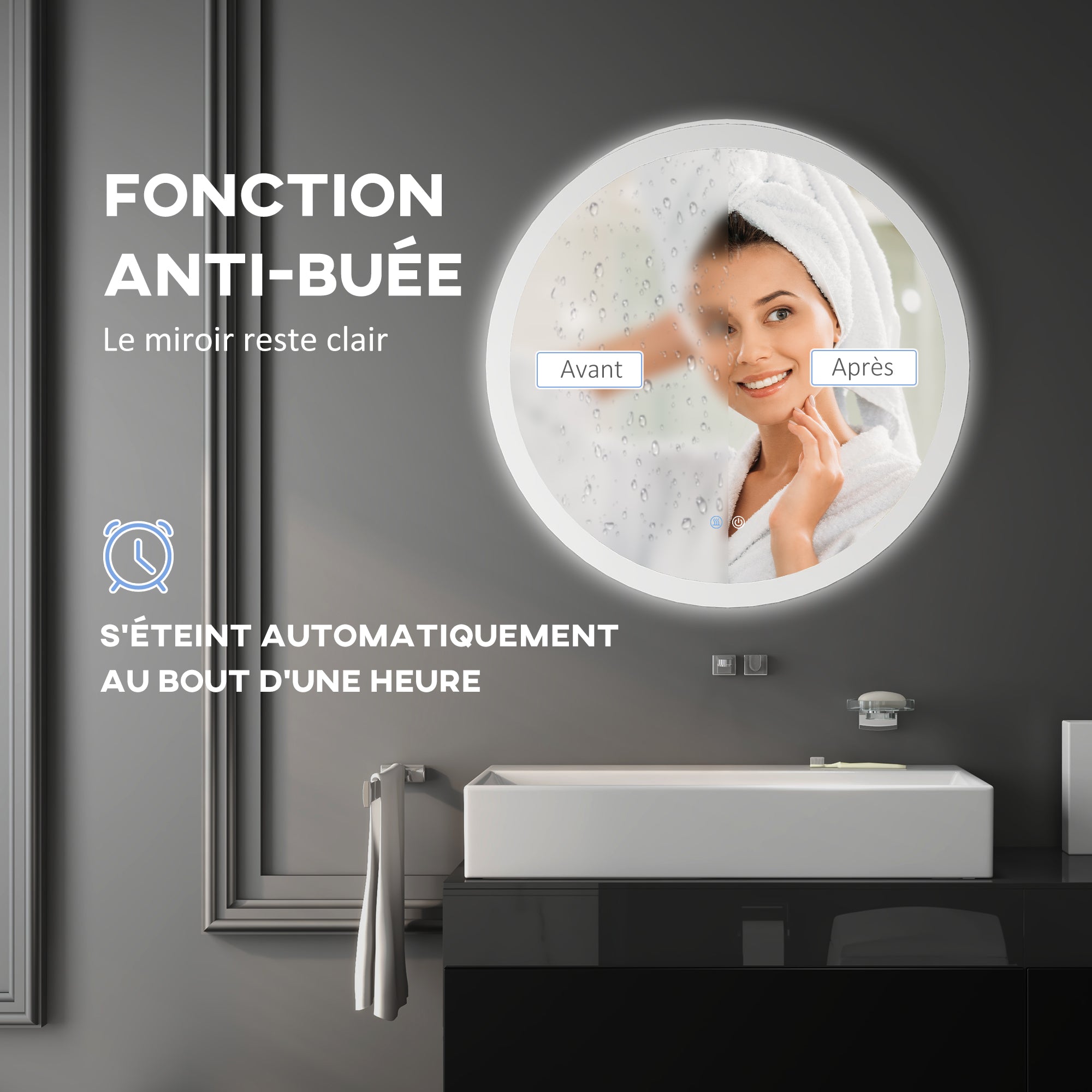 Miroir rond salle de bain avec éclairage LED Ø 60 cm, miroir mural 29W avec anti-buée, 3 couleurs réglables, dimmable, interrupteur tactile, fonction mémoire, blanc et argent