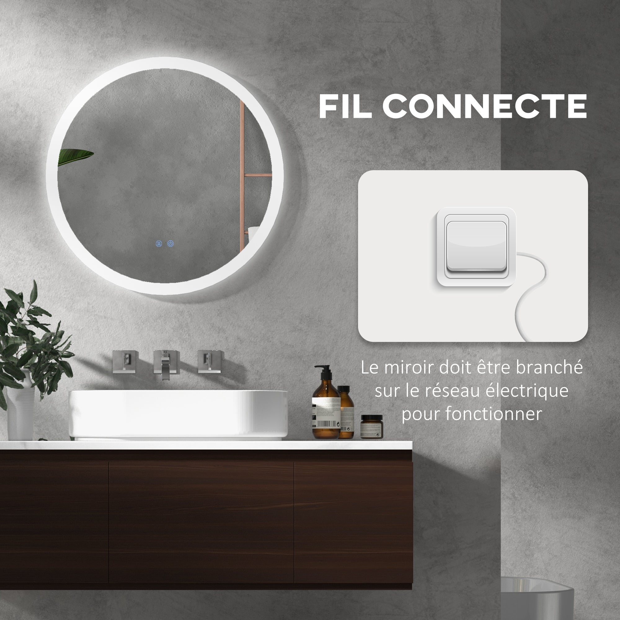 Miroir rond salle de bain avec éclairage LED Ø 60 cm, miroir mural 29W avec anti-buée, 3 couleurs réglables, dimmable, interrupteur tactile, fonction mémoire, blanc et argent