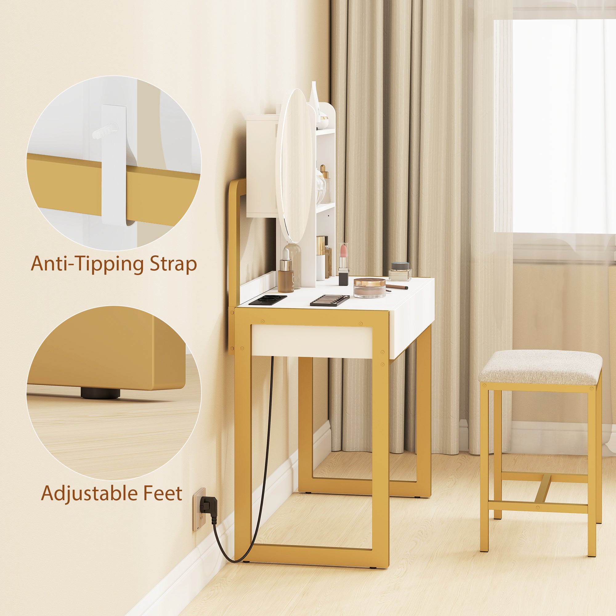 Coiffeuse avec miroir et tabouret, station de charge, table de maquillage avec 2 tiroirs, 3 étagères ouvertes, assise rembourrée, cadre en métal, pour chambre à coucher, blanc