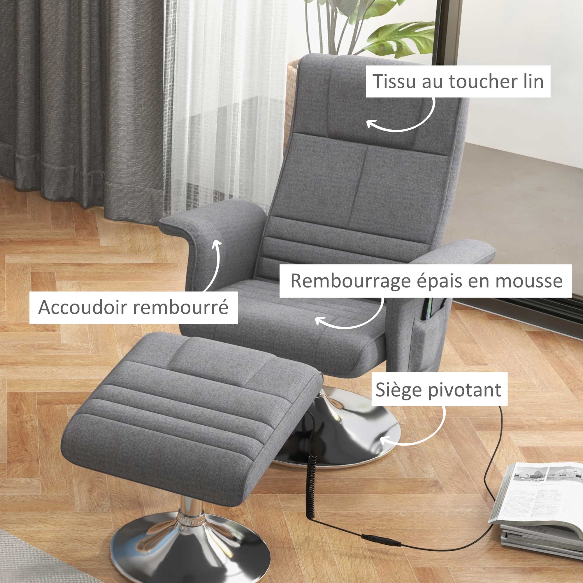 Fauteuil relax massant par vibrations avec pouf, fauteuil TV avec fonction chaise longue, siège pivotant à 360° assise rembourrée confortable, pour salon, chambre, tissu effet lin, gris foncé
