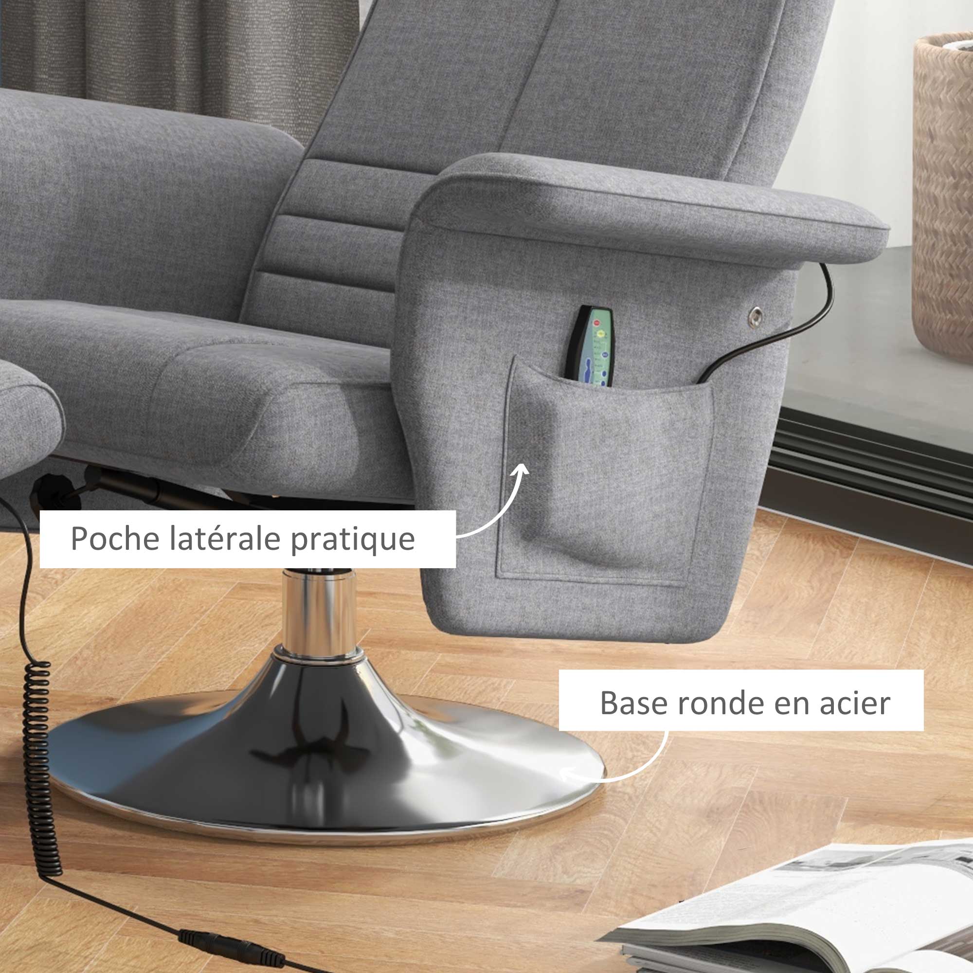 Fauteuil relax massant par vibrations avec pouf, fauteuil TV avec fonction chaise longue, siège pivotant à 360° assise rembourrée confortable, pour salon, chambre, tissu effet lin, gris foncé
