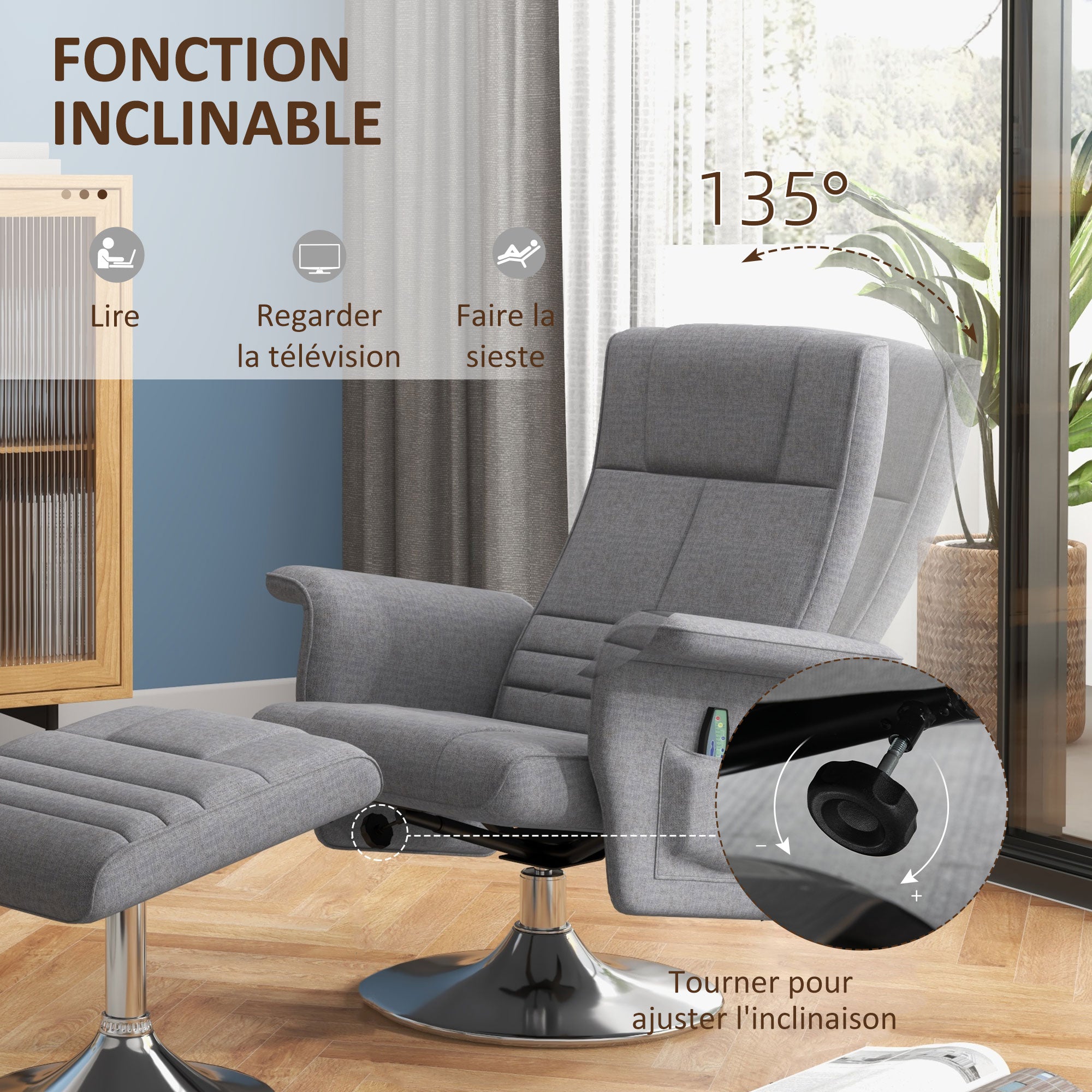 Fauteuil relax massant par vibrations avec pouf, fauteuil TV avec fonction chaise longue, siège pivotant à 360° assise rembourrée confortable, pour salon, chambre, tissu effet lin, gris foncé