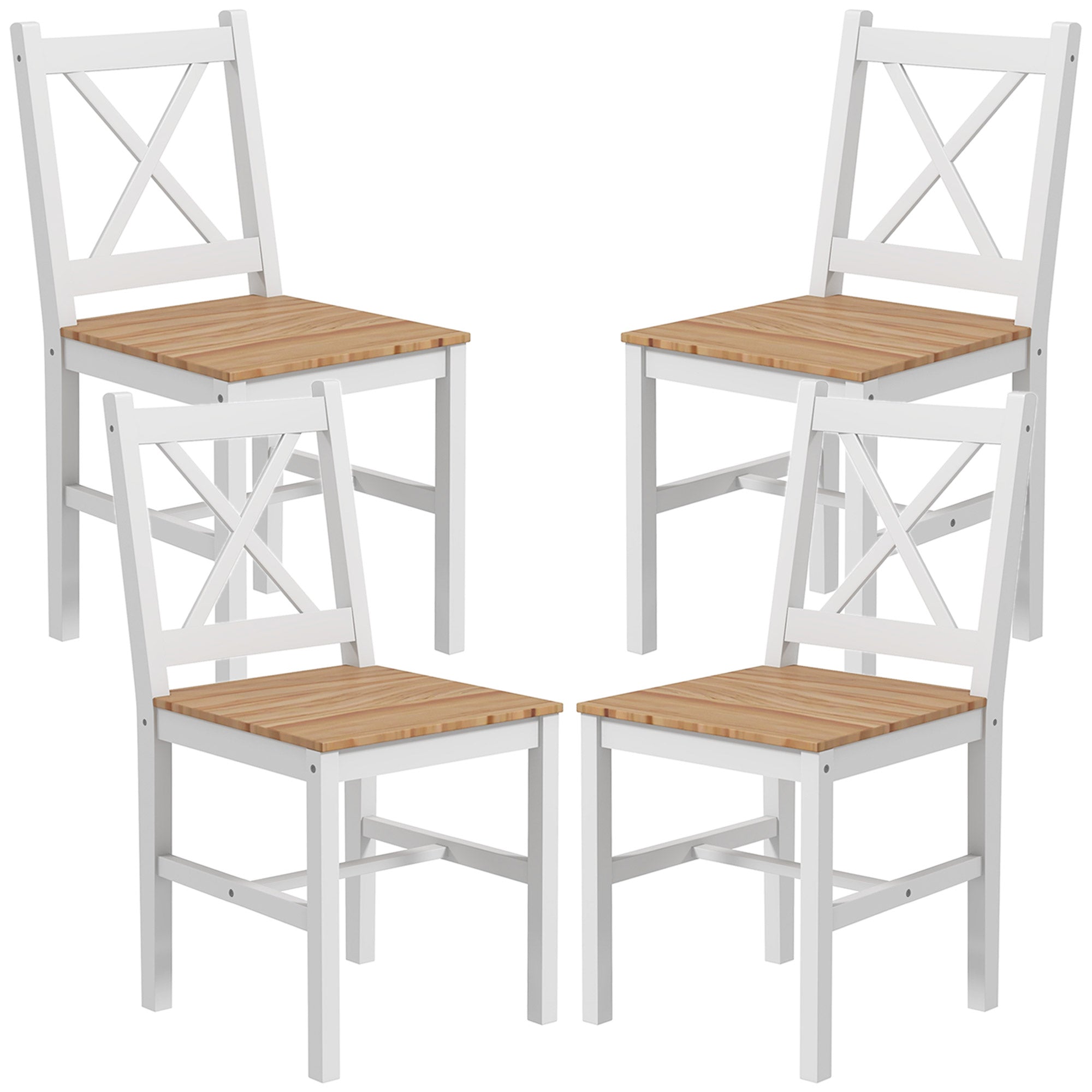 Lot de 4 chaises de salle à manger, chaises de cuisine, style maison de campagne, dossier haut, cadre en bois de pin, pour salon, chambre, cuisine, bois naturel et blanc