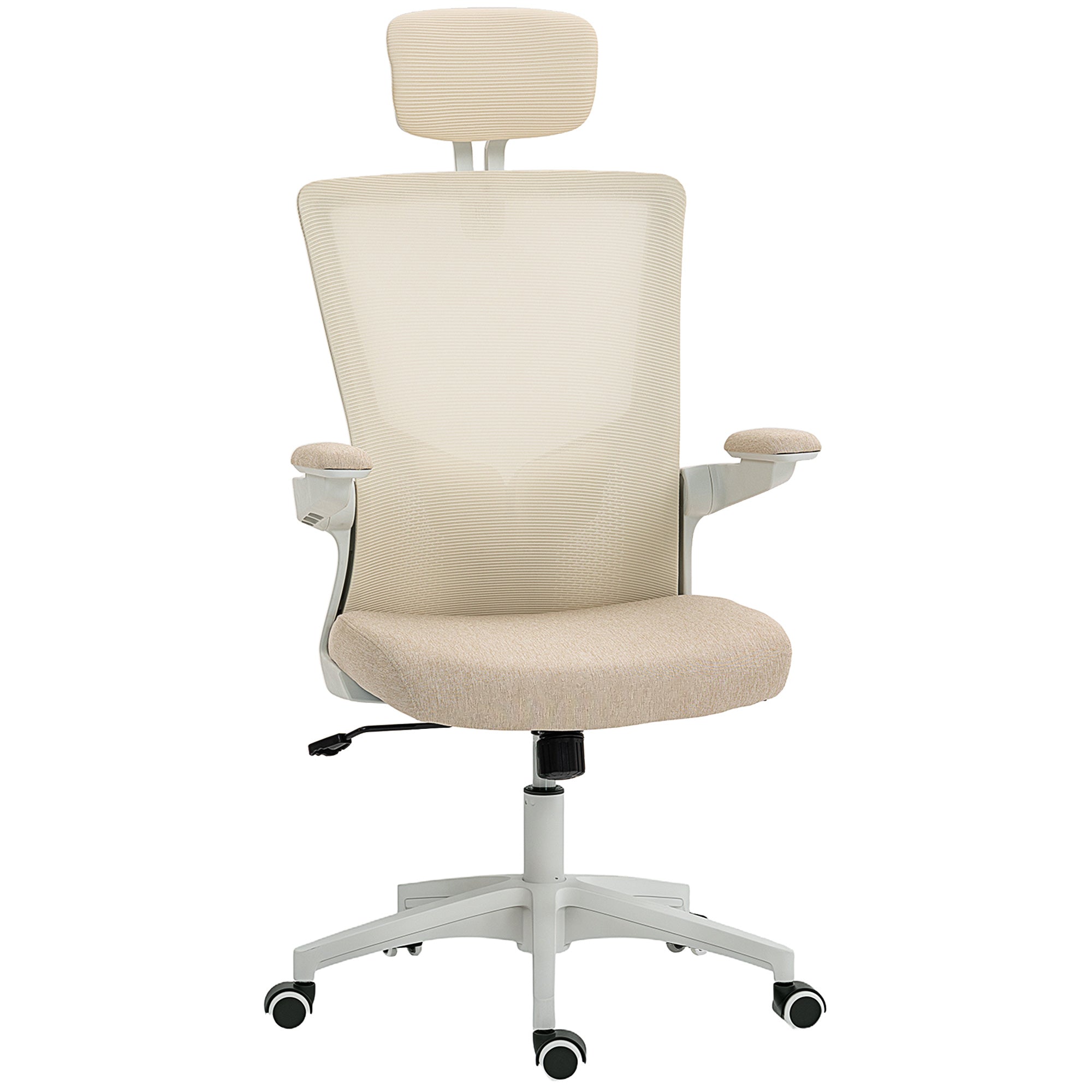 Chaise bureau ergonomique, fauteuil de bureau avec hauteur réglable, soutien lombaire, appui-tête, accoudoirs relevables, fonction bascule, pivotant à 360° et roulettes, beige