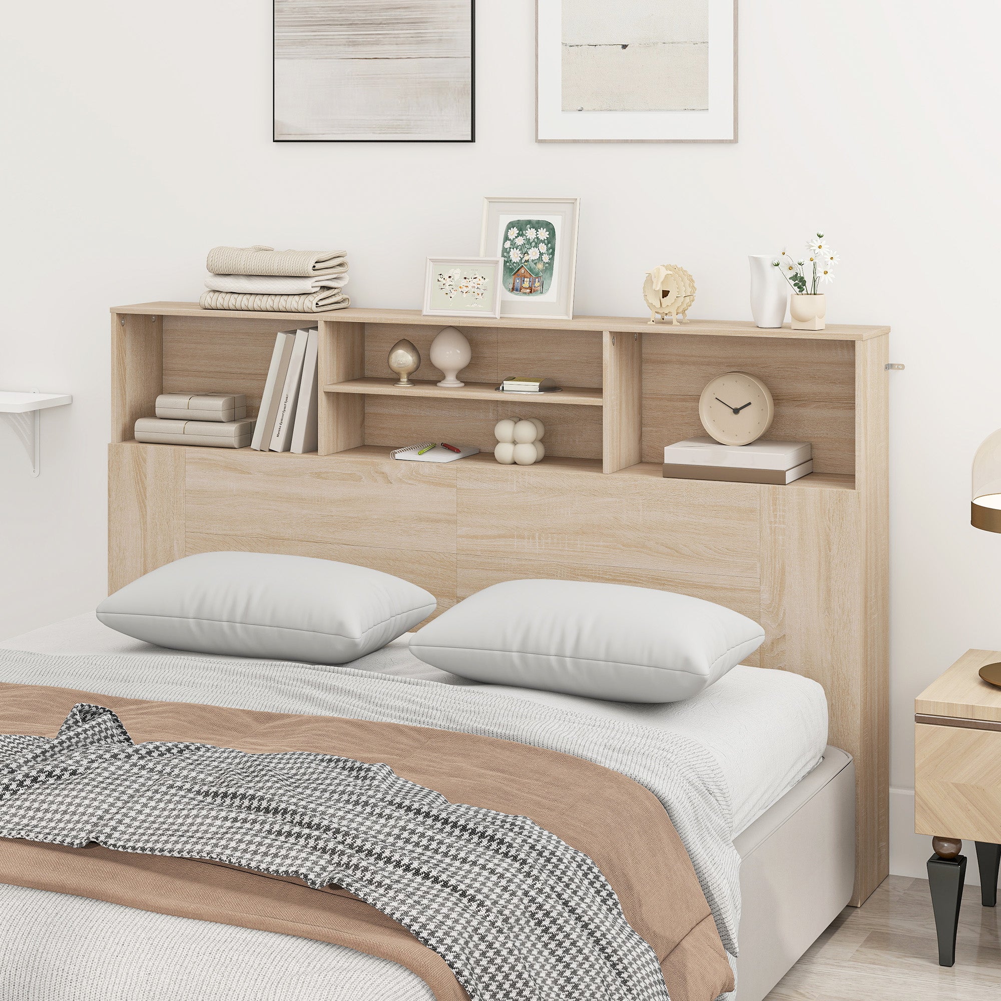 Tête de lit sur pied 160 cm avec rangements, accessoire de lit moderne avec 4 compartiments ouverts pour chambre, 160 x 20,2 x 108,2 cm, bois naturel