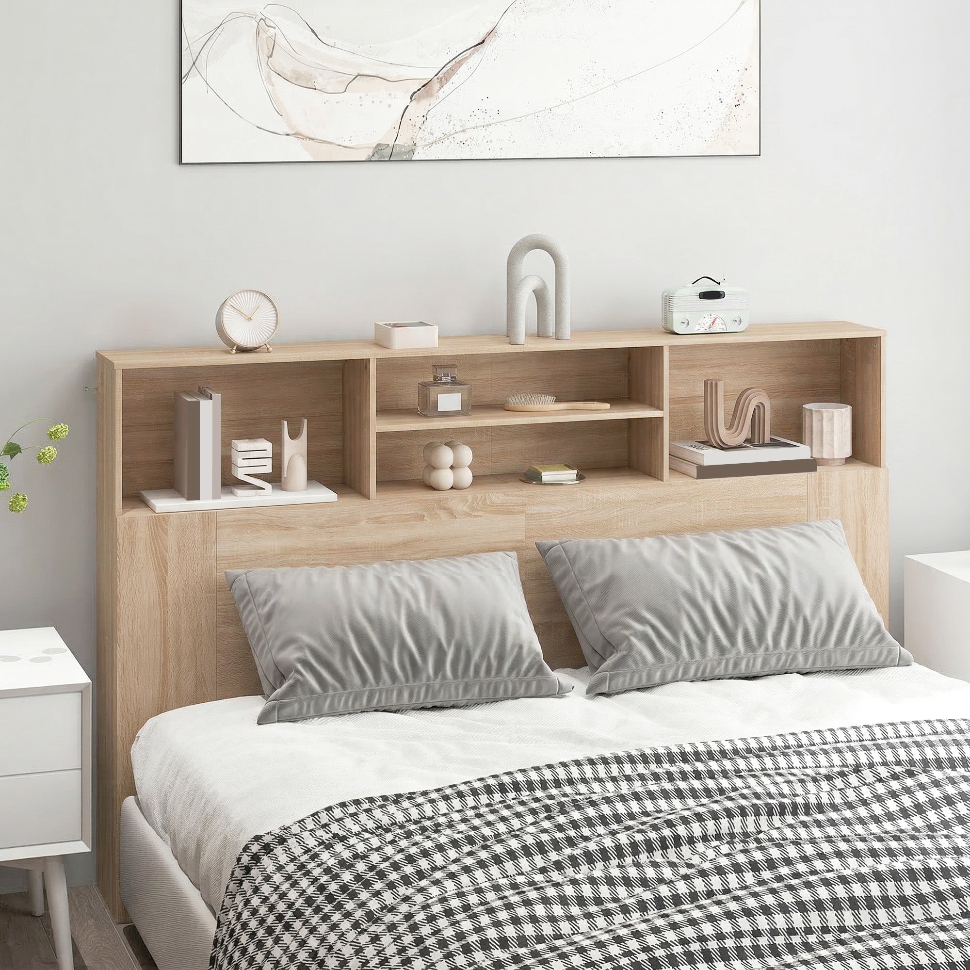 Tête de lit sur pied 160 cm avec rangements, accessoire de lit moderne avec 4 compartiments ouverts pour chambre, 160 x 20,2 x 108,2 cm, bois naturel