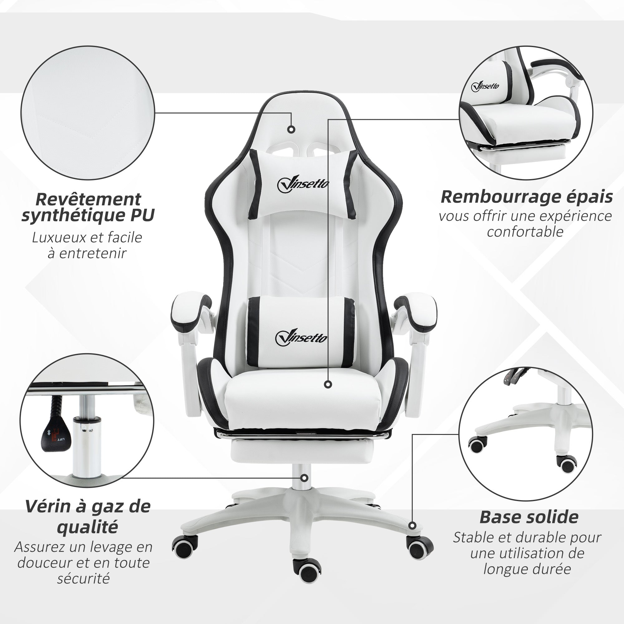 Chaise gaming fauteuil gaming ergonomique repose-pieds télescopique, dossier inclinable à 135°, appui-tête réglable et soutien lombaire, fauteuil de bureau 360° rotatif en similicuir, blanc