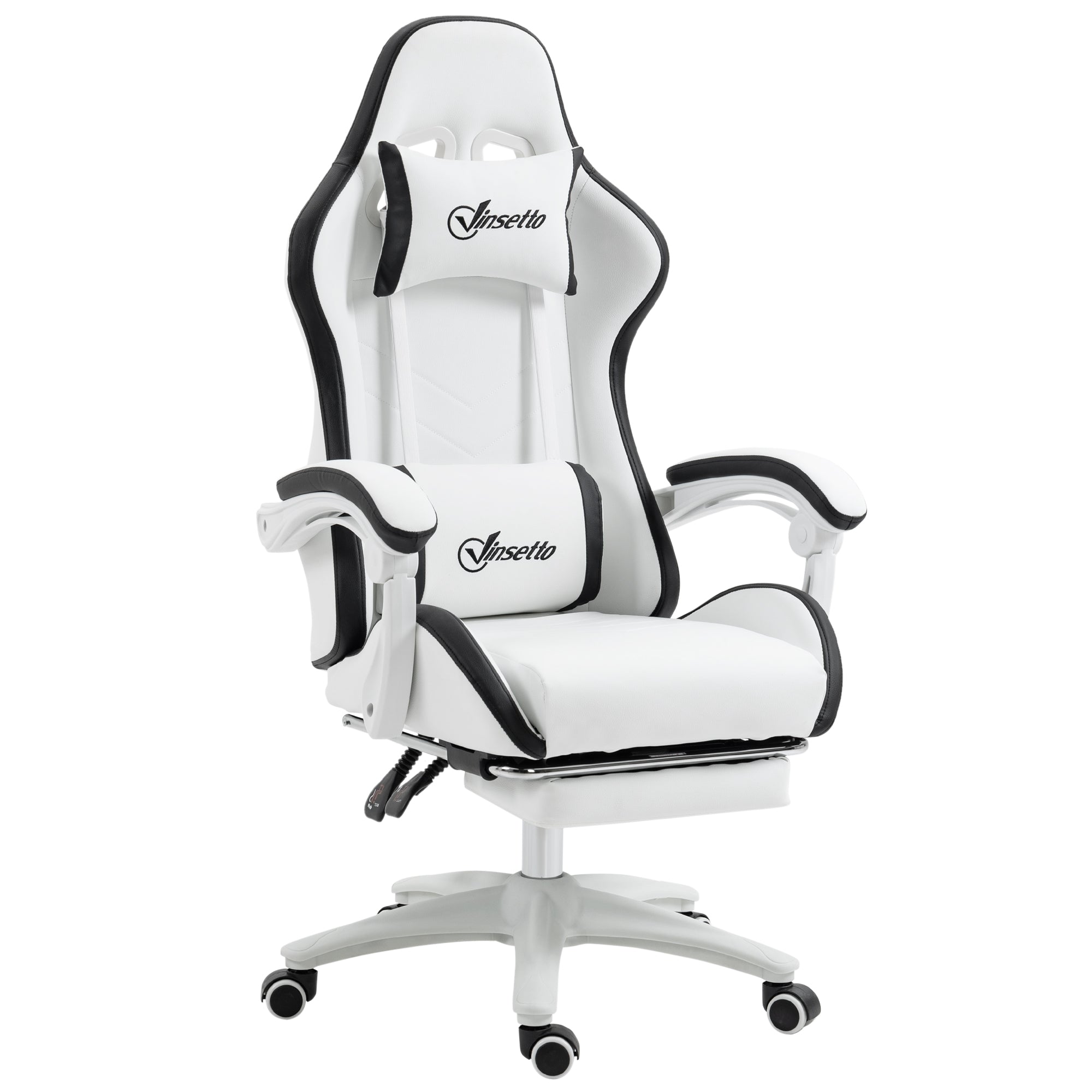 Chaise gaming fauteuil gaming ergonomique repose-pieds télescopique, dossier inclinable à 135°, appui-tête réglable et soutien lombaire, fauteuil de bureau 360° rotatif en similicuir, blanc
