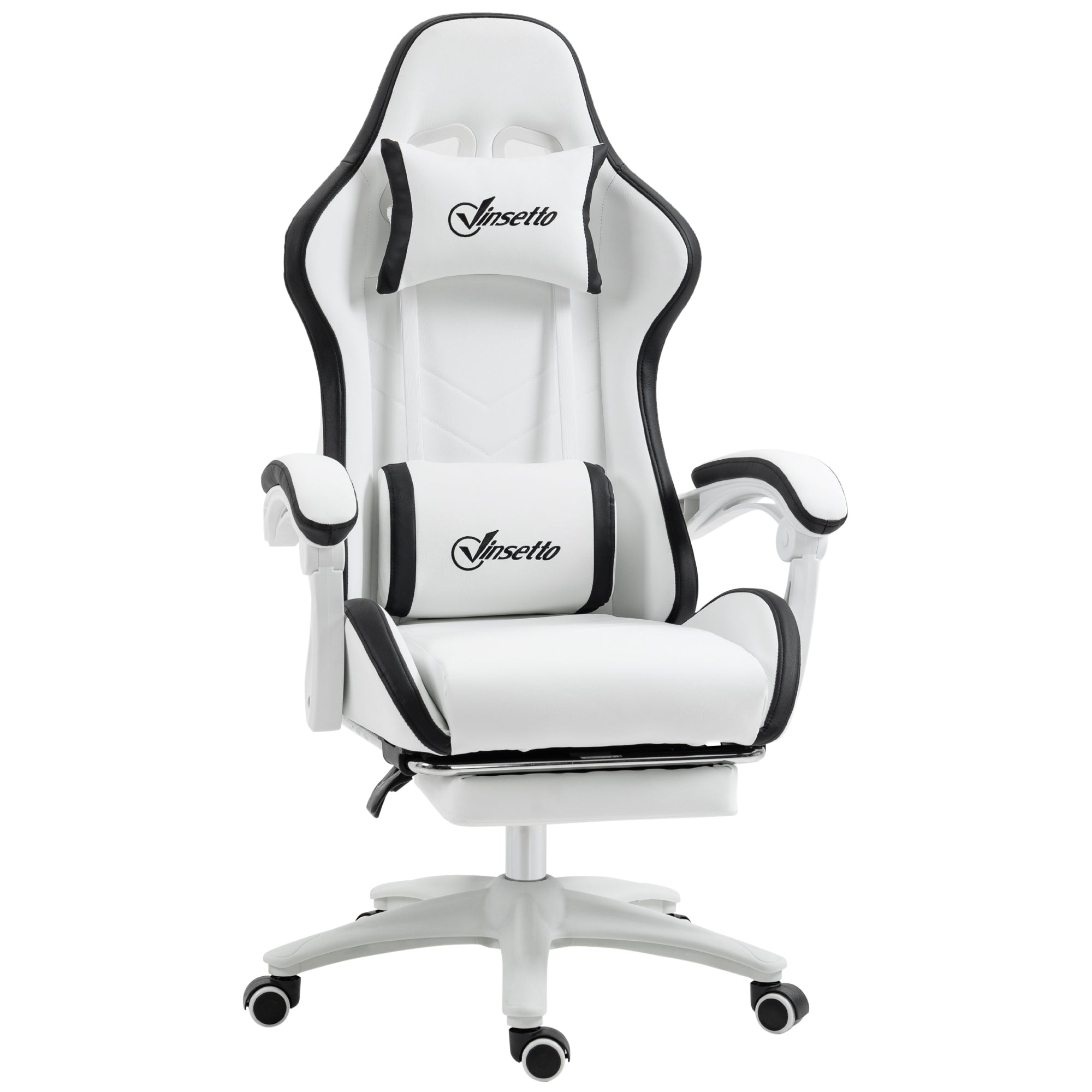 Chaise gaming fauteuil gaming ergonomique repose-pieds télescopique, dossier inclinable à 135°, appui-tête réglable et soutien lombaire, fauteuil de bureau 360° rotatif en similicuir, blanc