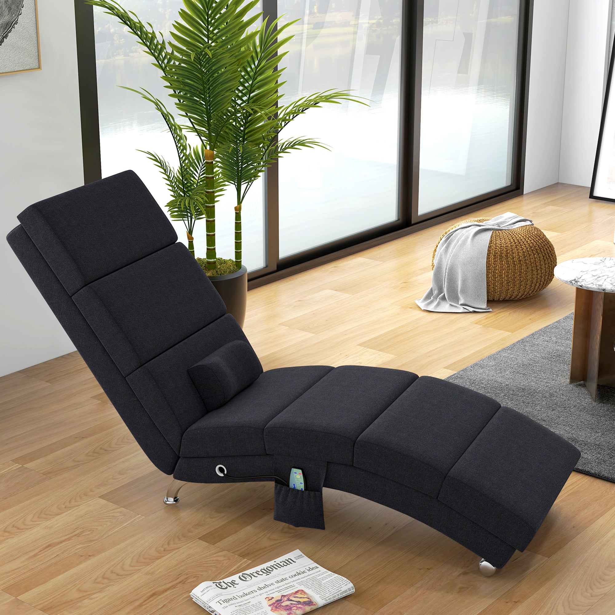 Fauteuil relax salon fauteuil de massage et chauffage meridienne chaise longue d'intérieur, avec télécommande et oreiller, chambre à coucher, salon, tissu effet lin noir