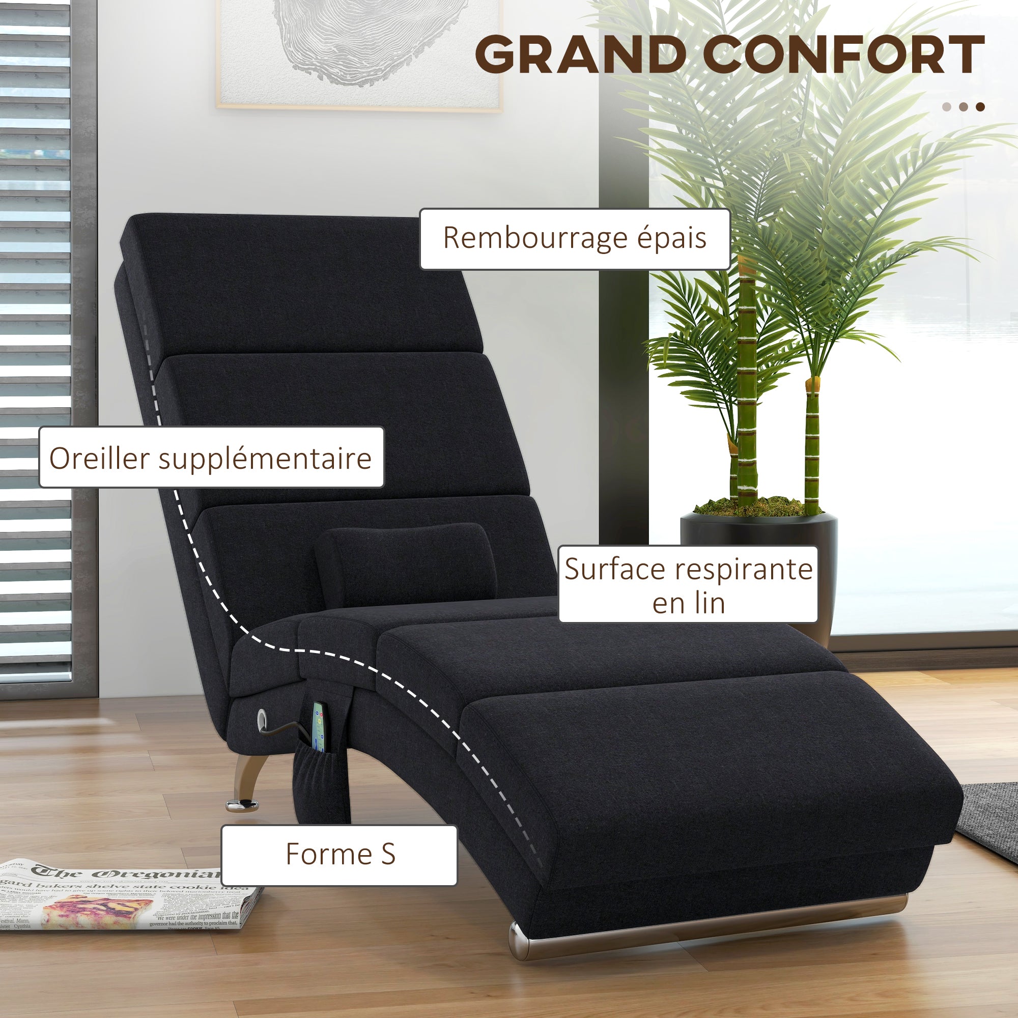 Fauteuil relax salon fauteuil de massage et chauffage meridienne chaise longue d'intérieur, avec télécommande et oreiller, chambre à coucher, salon, tissu effet lin noir