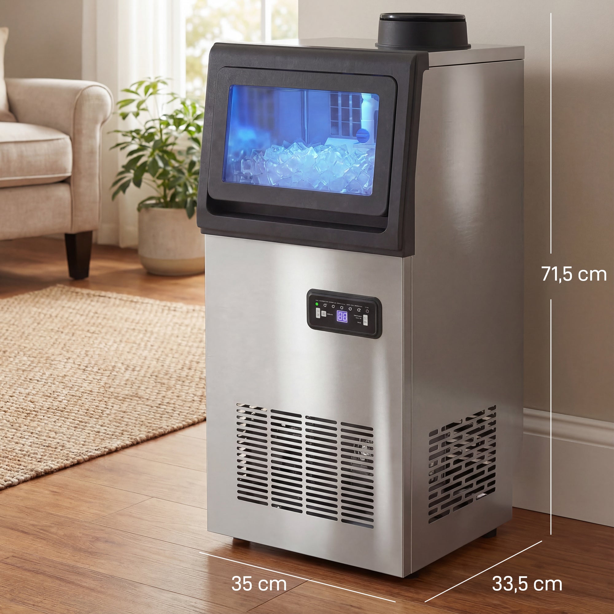 Machine à Glaçons Commerciale 36 kg/24H, Acier inoxydable, Ice Maker Professionnel, Capacité 7,5 kg, 36 Cubes par 10 Minutes, Nettoyage Automatique, Minuterie, à Encastrer ou à Poser, Argenté