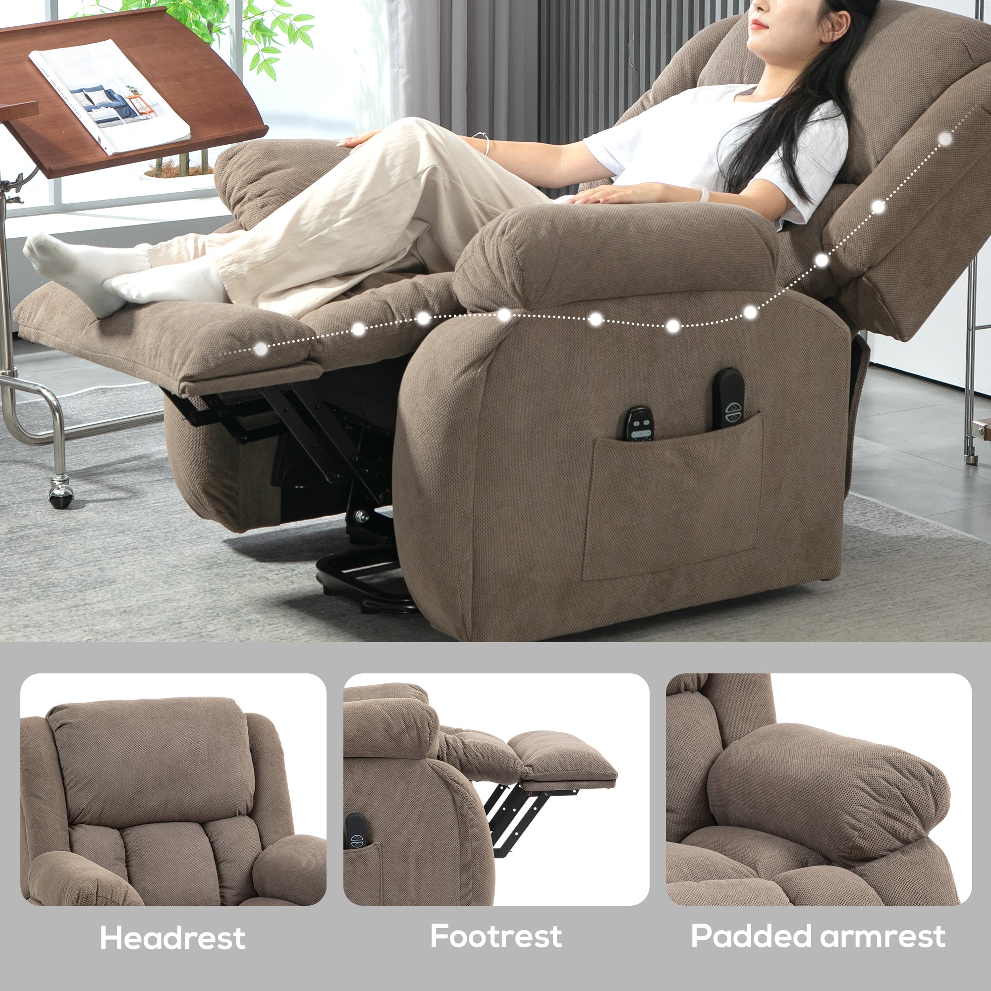 Fauteuil TV avec Aide au Lever Electrique Fauteuil Relaxant avec Fonction de Relaxation, Fonction de Massage, Sortie USB, Fauteuil TV avec Chauffage, Ressorts Ensachés, Télécommande et Poche Latérale, Marron Clair