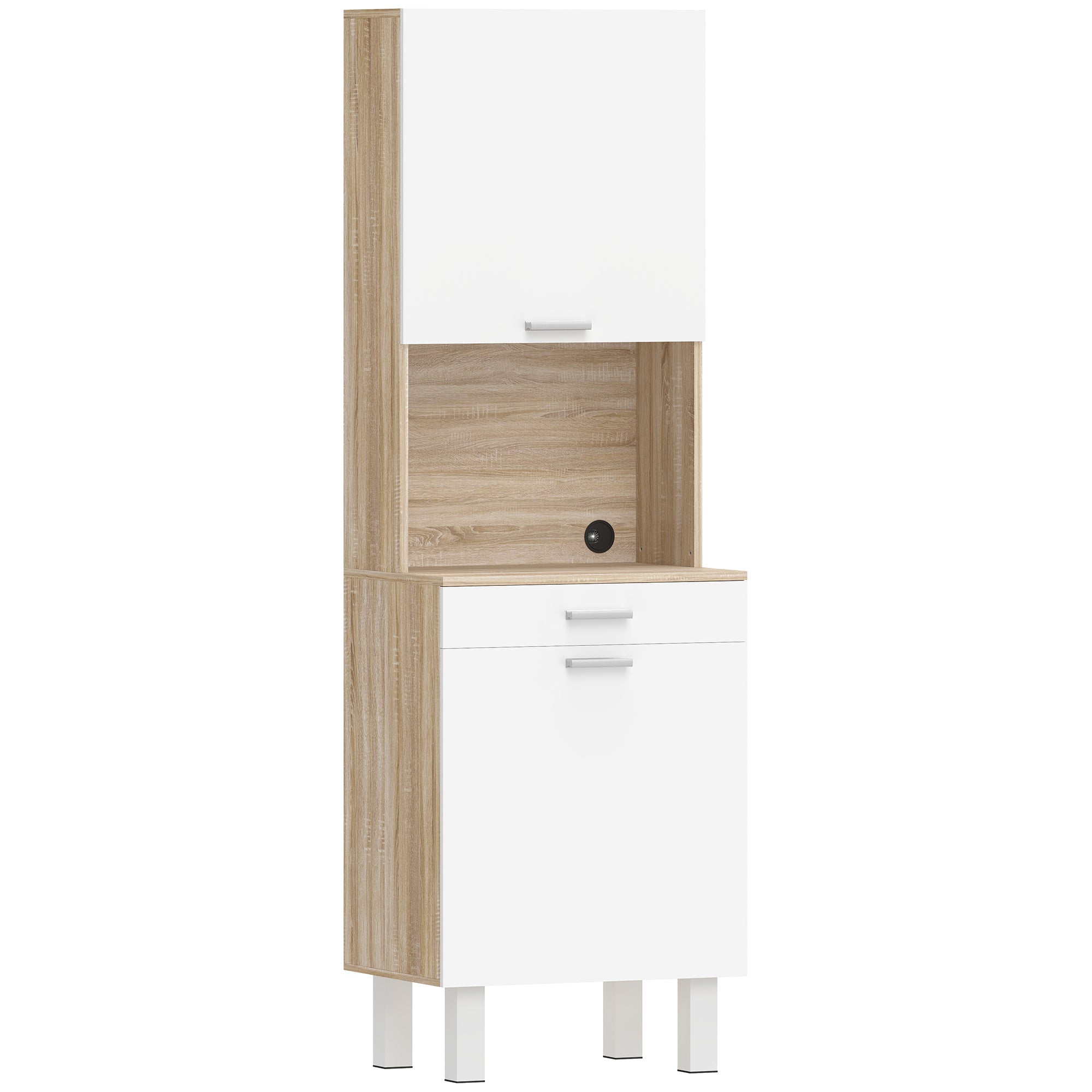 Buffet haut cuisine, armoire de cuisine, vaisselier avec 2 portes, tiroir et plan de travail, style moderne, meuble de rangement pour salon, salle à manger, 55x40x174 cm, blanc et bois naturel