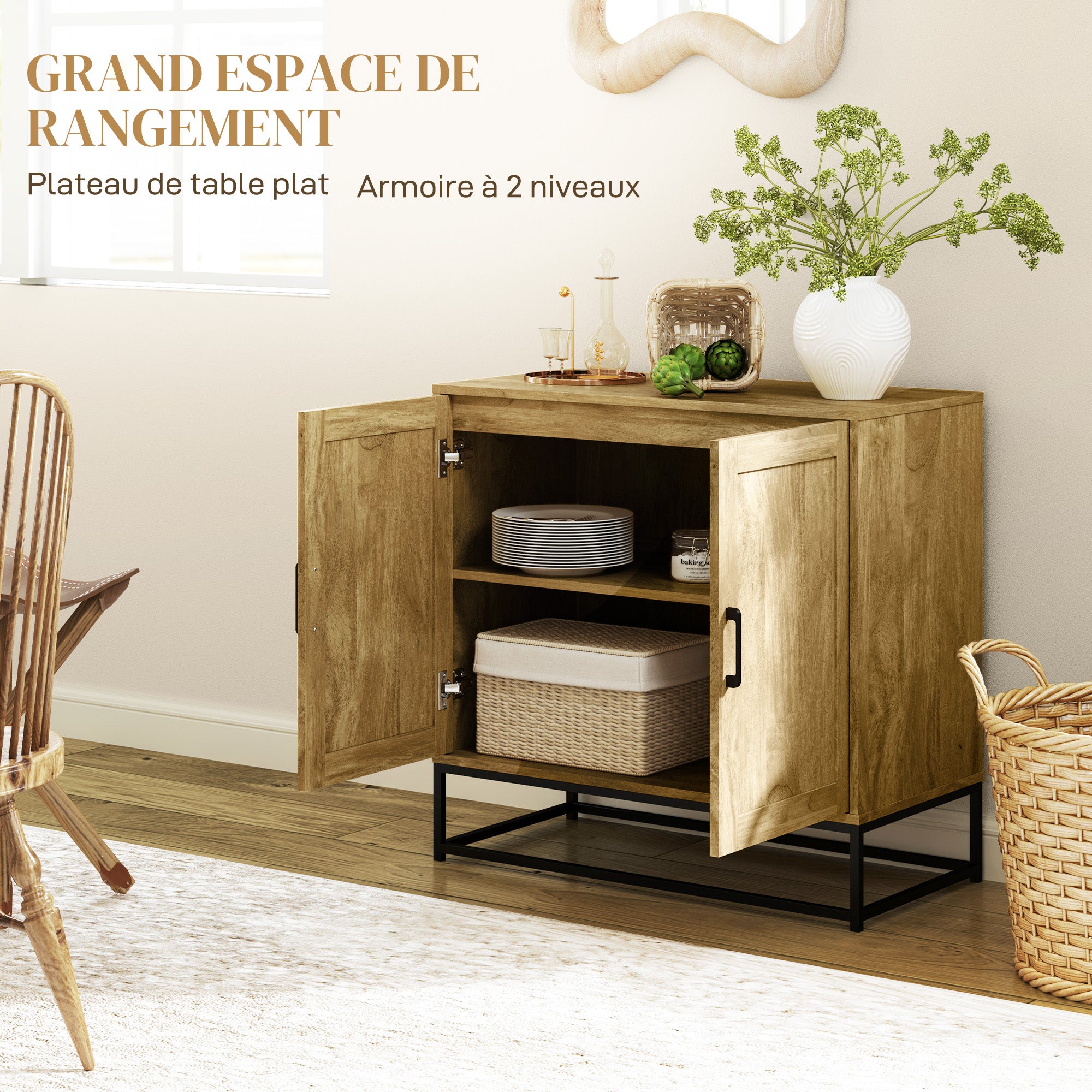 Buffet salon meuble de rangement style moderne avec placard à 2 portes, étagère réglable - buffet salle à manger et salon, 80 x 40 x 78 cm, bois naturel