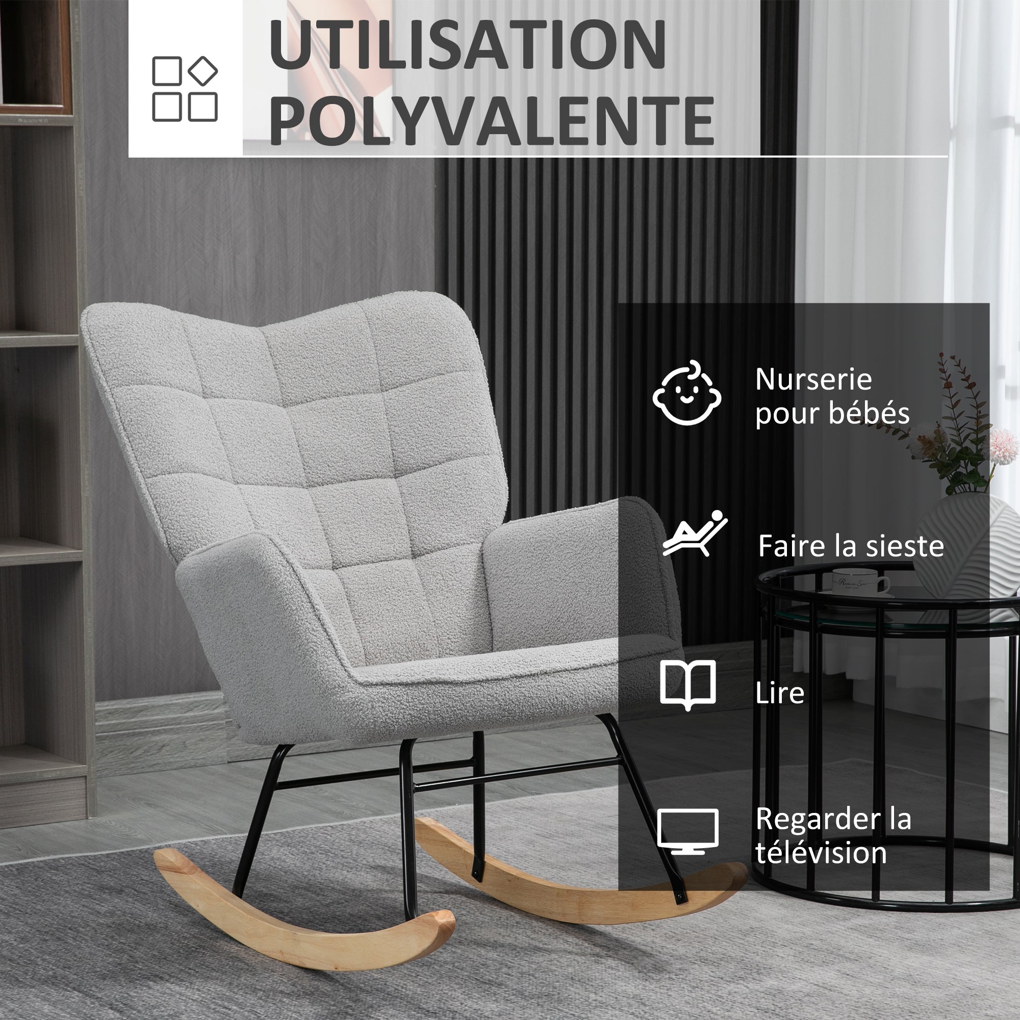 Fauteuil à bascule, rocking chair, revêtement bouclette, fauteuil allaitement, chaise à bascule, structure en acier, pieds en bois massif, gris clair