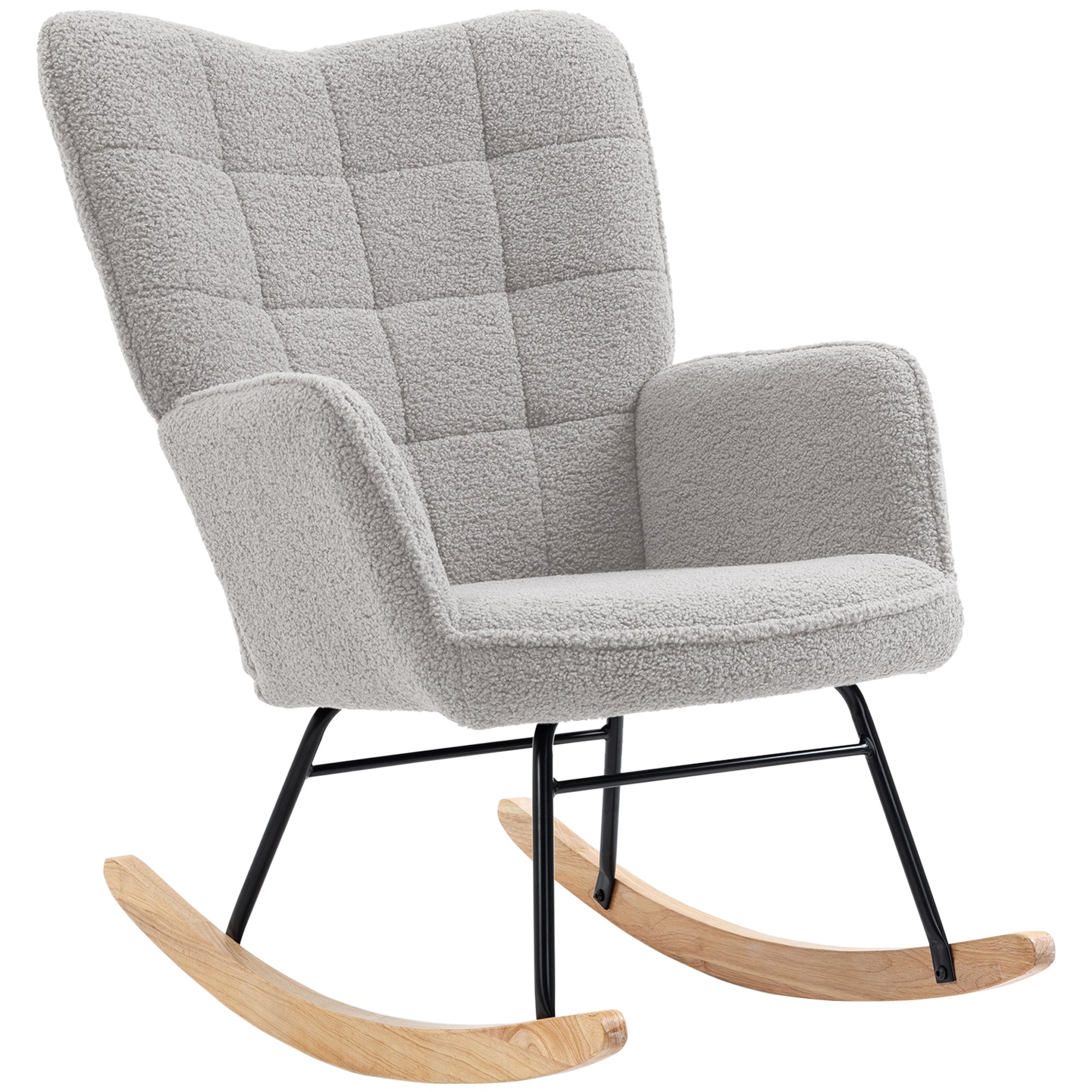 Fauteuil à bascule, rocking chair, revêtement bouclette, fauteuil allaitement, chaise à bascule, structure en acier, pieds en bois massif, gris clair