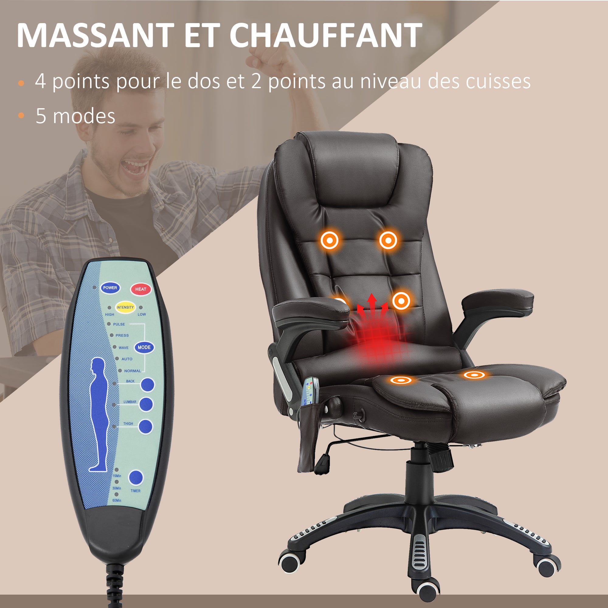 Fauteuil de bureau massant et chauffant électrique fauteuil bureau ergonomique revêtement synthétique brun