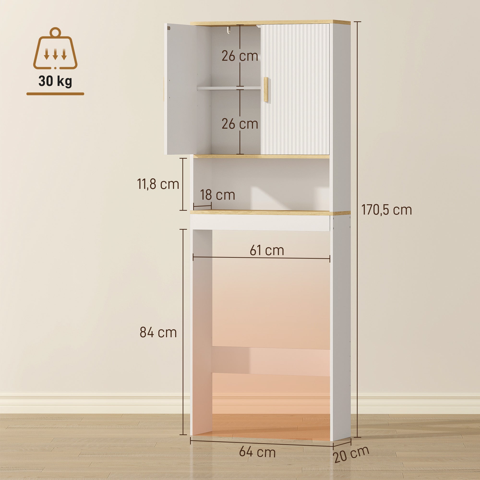 Meuble WC rangement au-dessus des toilettes à 3 niveaux, étagère de toilettes avec étagères réglables, meuble de salle de bain, 64 x 20 x 170,5 cm, blanc et chêne