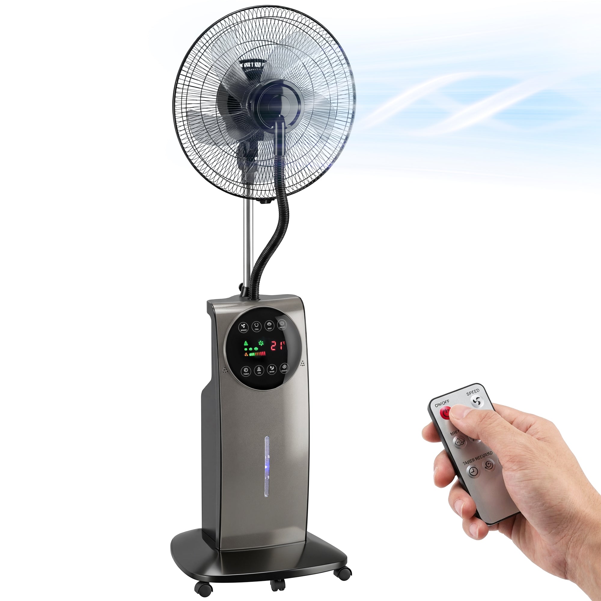 Ventilateur brumisateur silencieux 90W, ventilateur sur pied 138cm, oscillation 70°, 3 vitesses, 3 modes, ionisation négative, antimoustique, réservoir d'eau 3,1L, télécommande et minuterie 12h