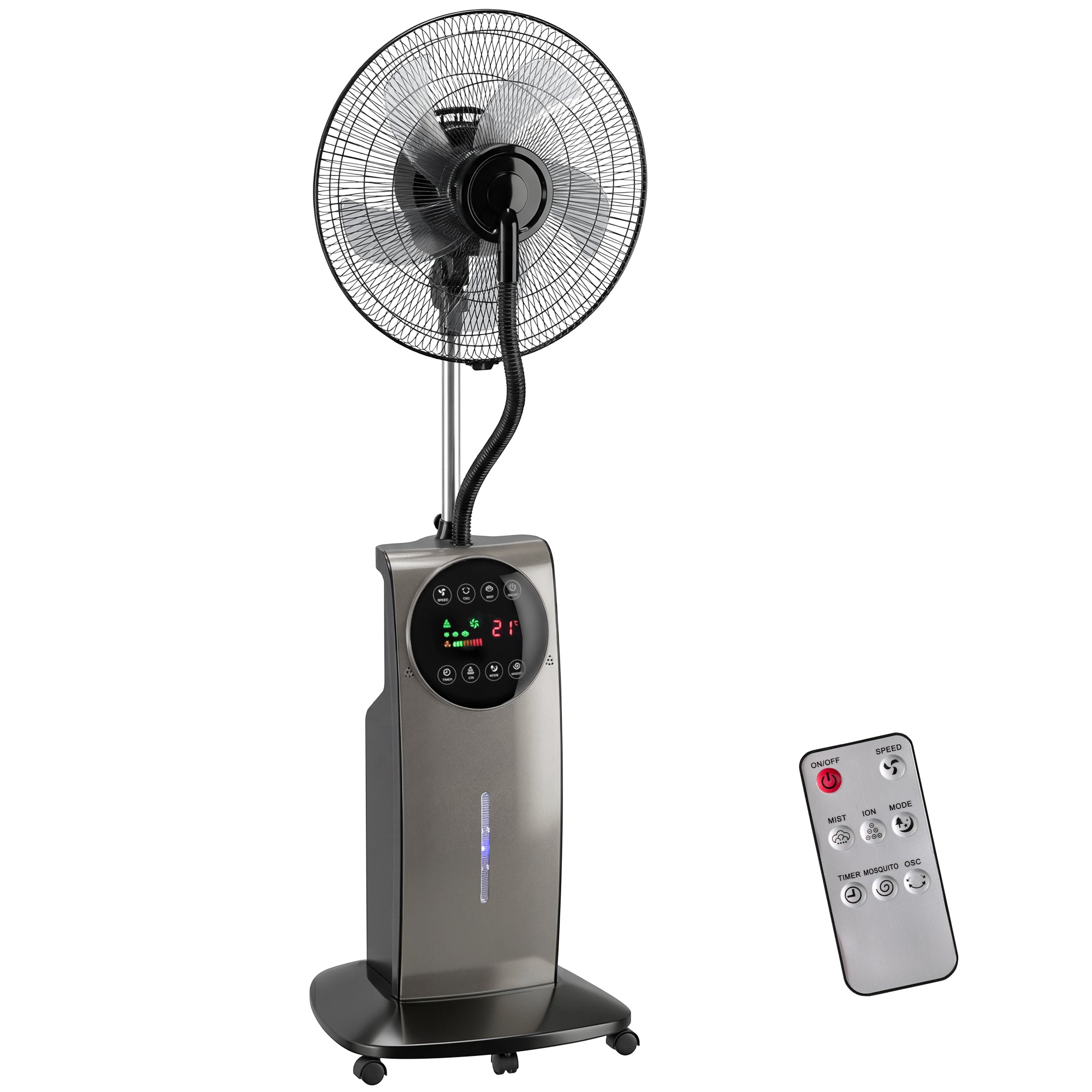 Ventilateur brumisateur silencieux 90W, ventilateur sur pied 138cm, oscillation 70°, 3 vitesses, 3 modes, ionisation négative, antimoustique, réservoir d'eau 3,1L, télécommande et minuterie 12h