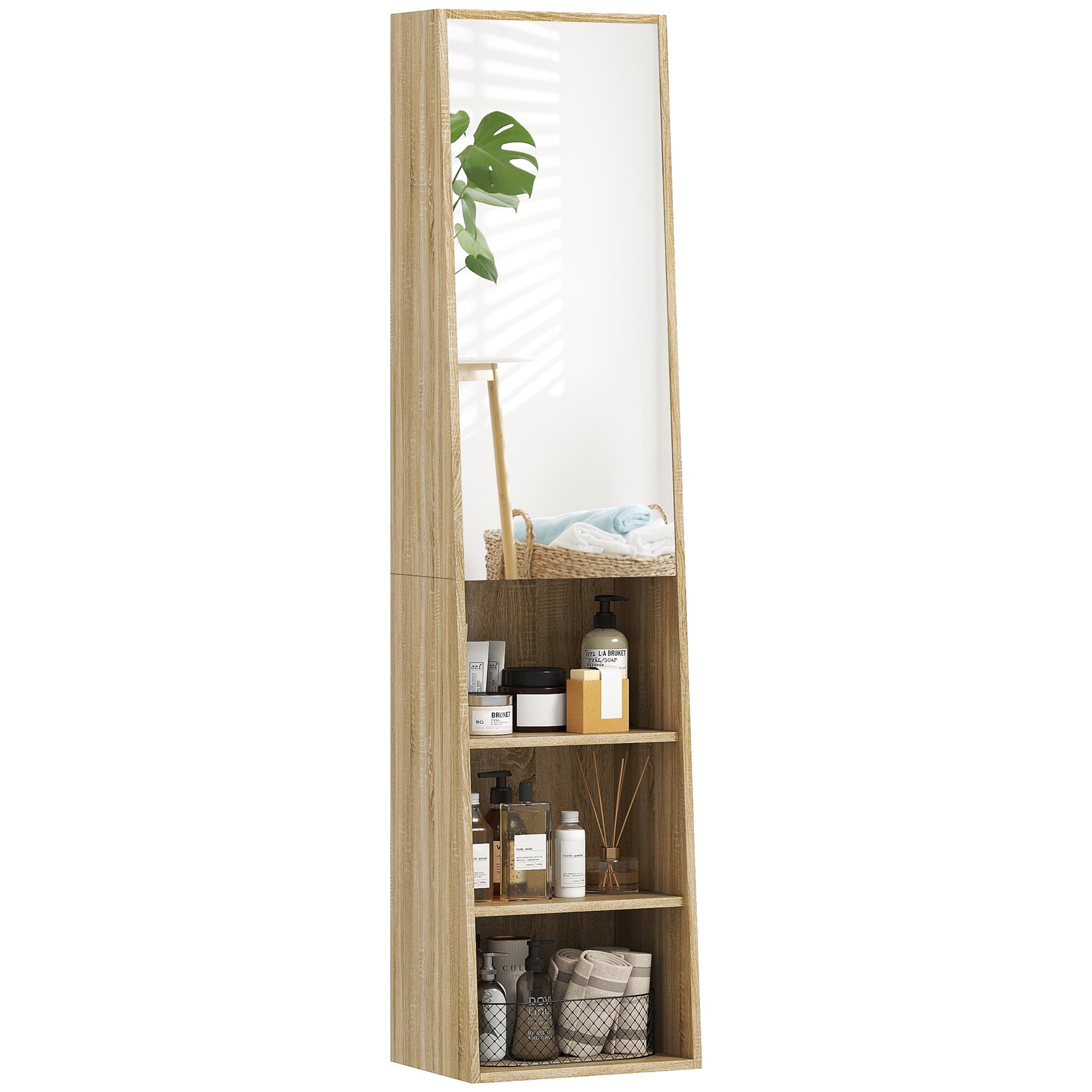 Meuble salle de bain colonne meuble de rangement trapézoïdal mince avec porte en miroir, étagère à 6 niveaux, armoire salle de bain pour petits espaces, 40 x 30 x 165 cm, bois naturel