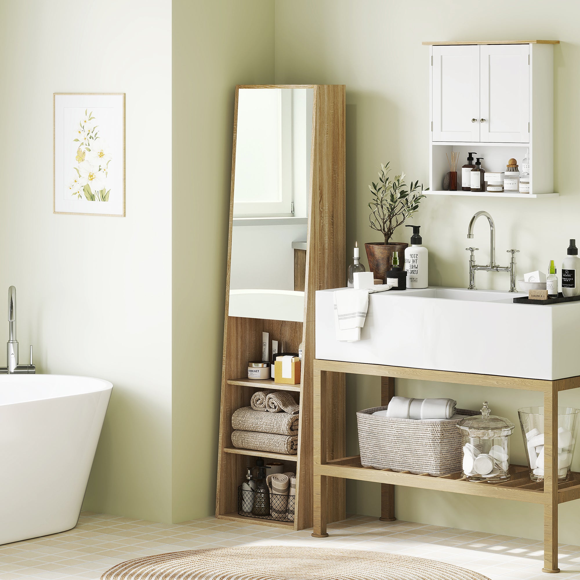 Meuble salle de bain colonne meuble de rangement trapézoïdal mince avec porte en miroir, étagère à 6 niveaux, armoire salle de bain pour petits espaces, 40 x 30 x 165 cm, bois naturel